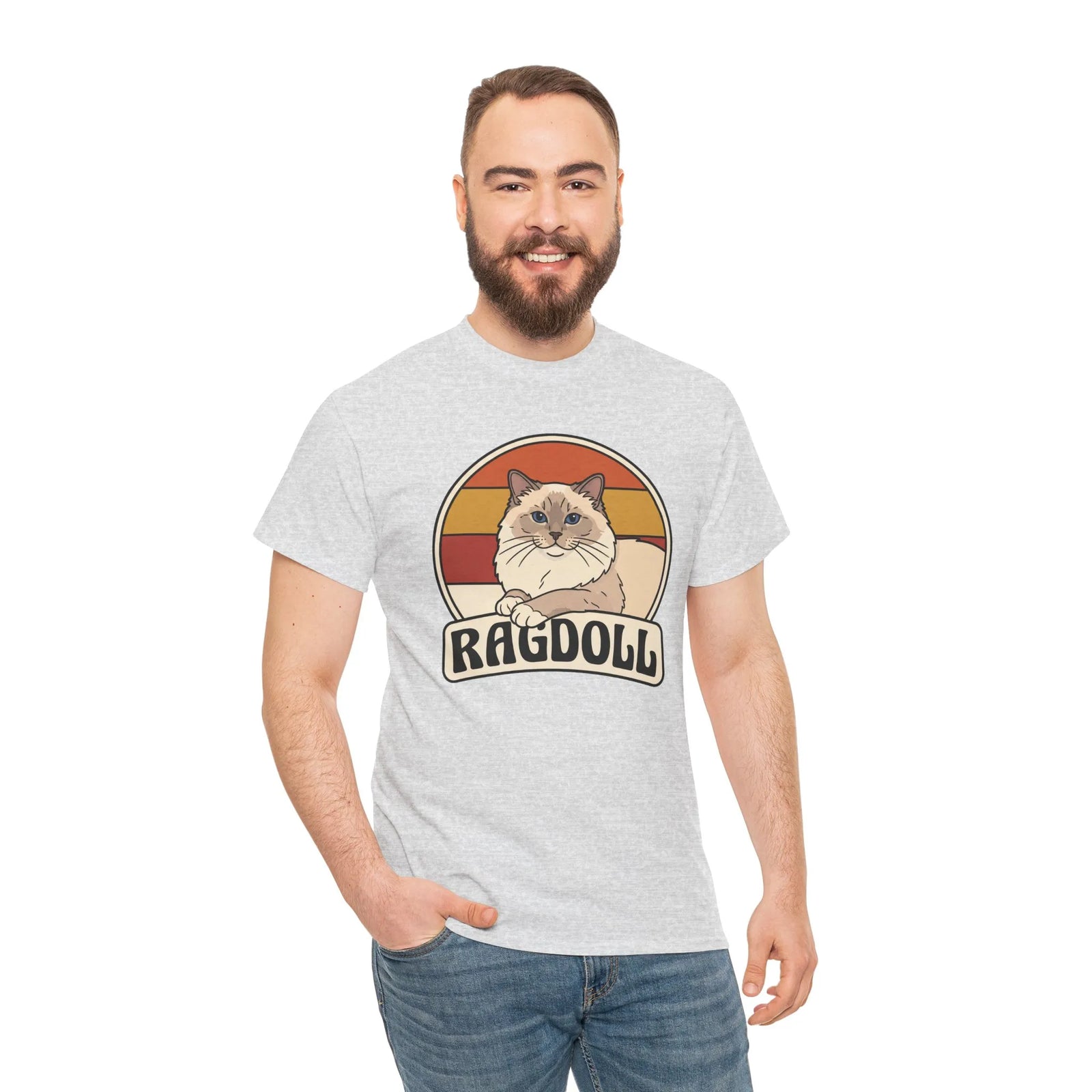 Ragdoll Cat Retro Sunset T-Shirt - Heavyweight Cotton Classic Tee - Unisex White