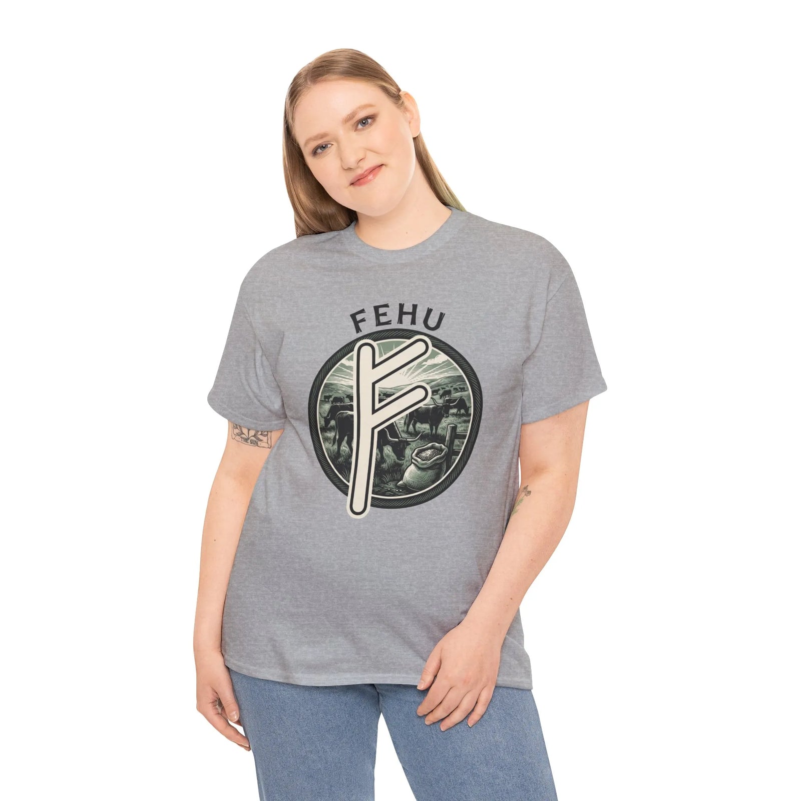 Fehu Rune Wealth Symbol T-Shirt - Heavy Cotton Classic Fit Tee - Unisex White