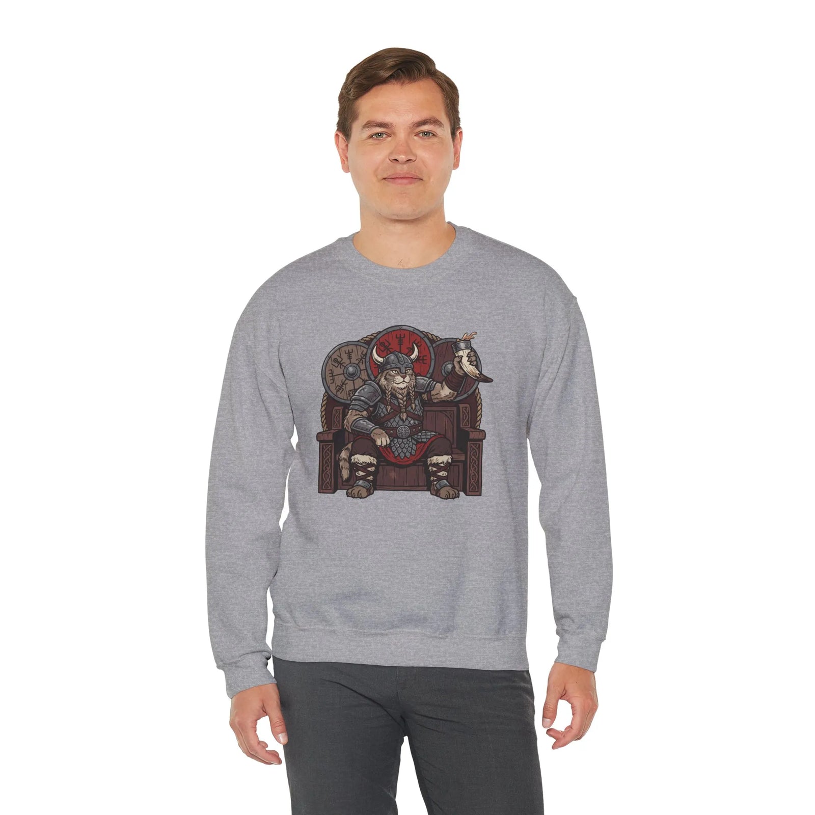 Viking Berserker Cats Graphic Sweatshirt - Heavy Blend Classic Fit Crewneck - Unisex White