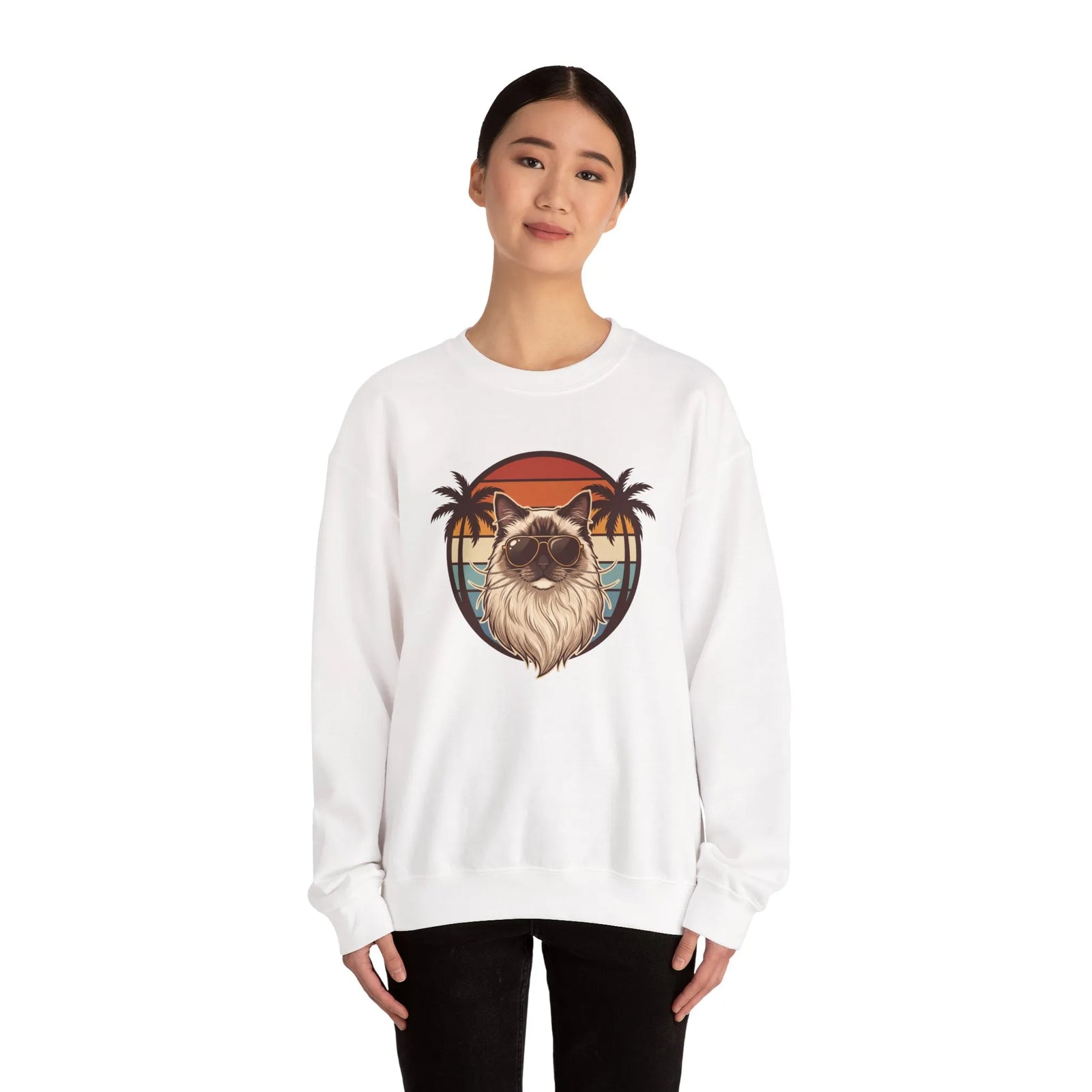 Ragdoll Cool Cat 70s Sunset Aviators Sweatshirt - Classic Fit Midweight Crewneck - Unisex White