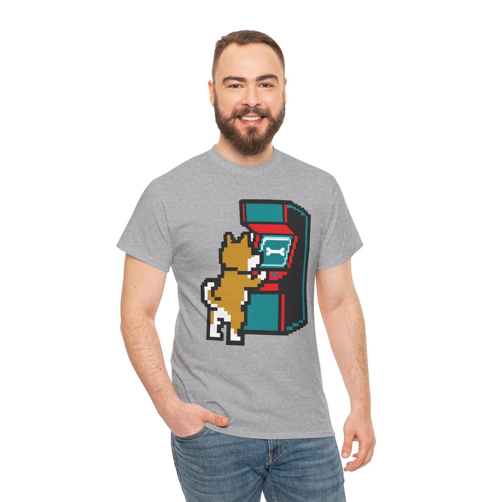 8-Bit Pixel Gaming Dog T-Shirt - Heavyweight Cotton Classic Fit Tee - Unisex White