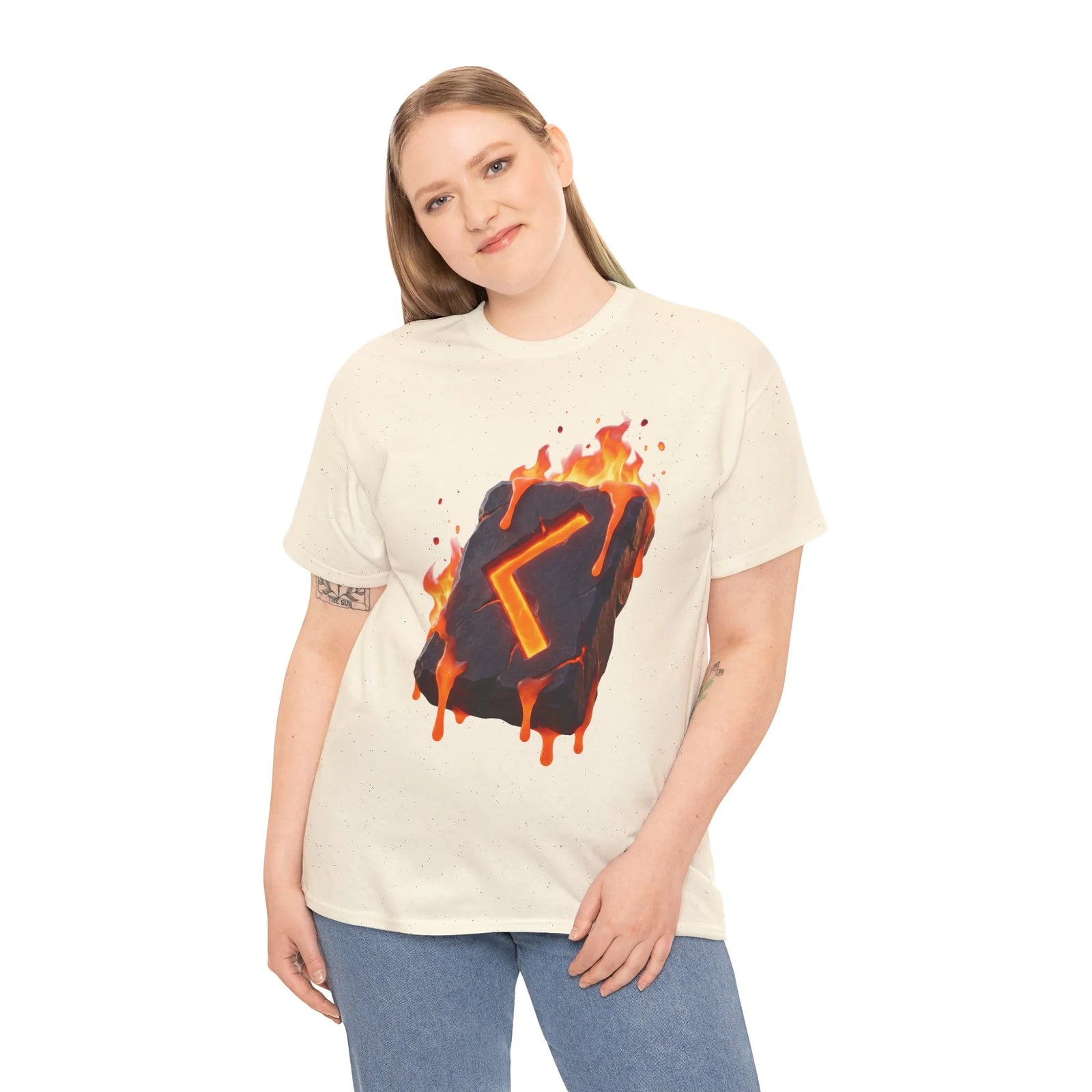 Kenaz Rune Torch Flame T-Shirt - Heavy Cotton Classic Fit Tee - Unisex White