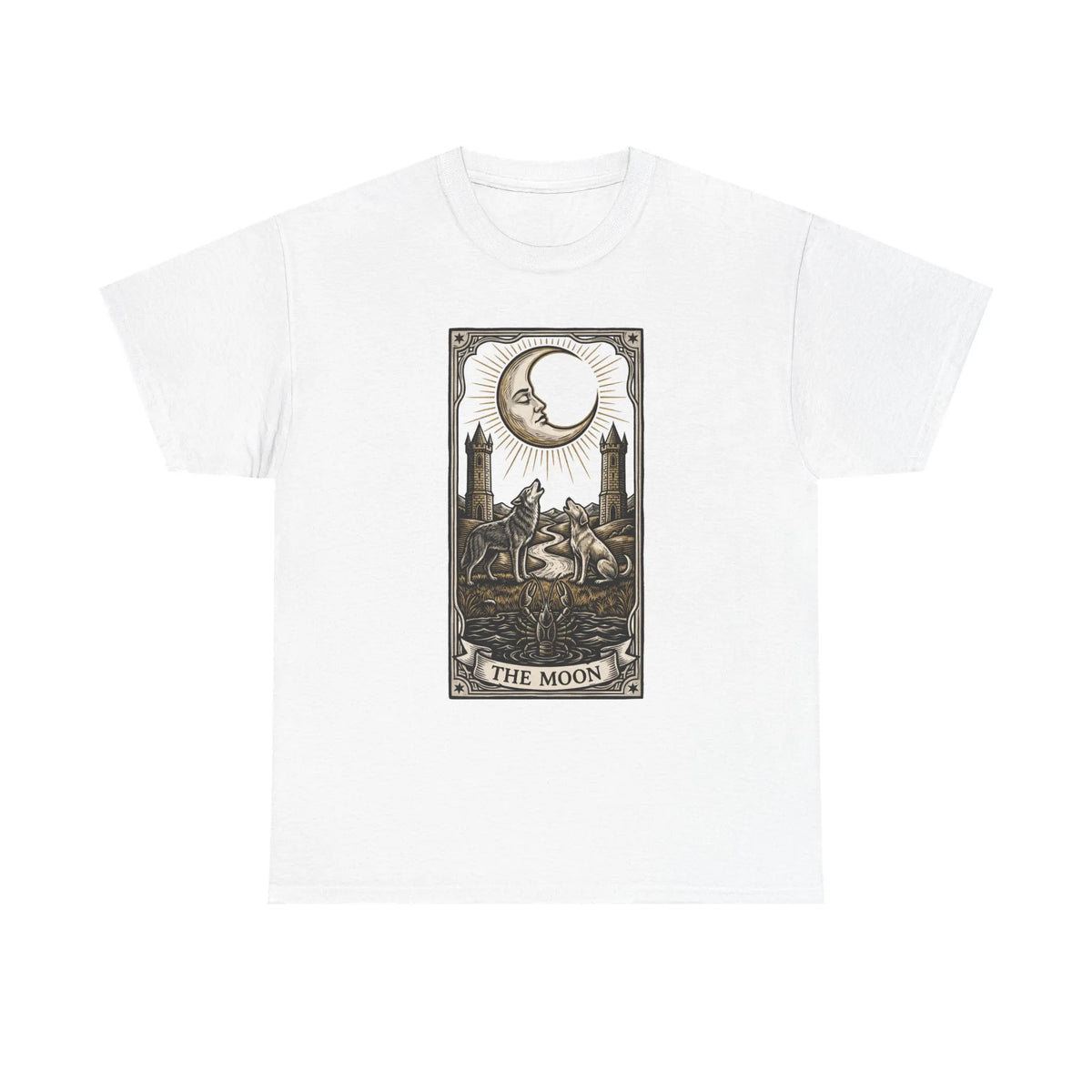 Moonlight Wolves Tarot Graphic T-Shirt - Heavy Cotton Classic Fit Crewneck - Unisex White