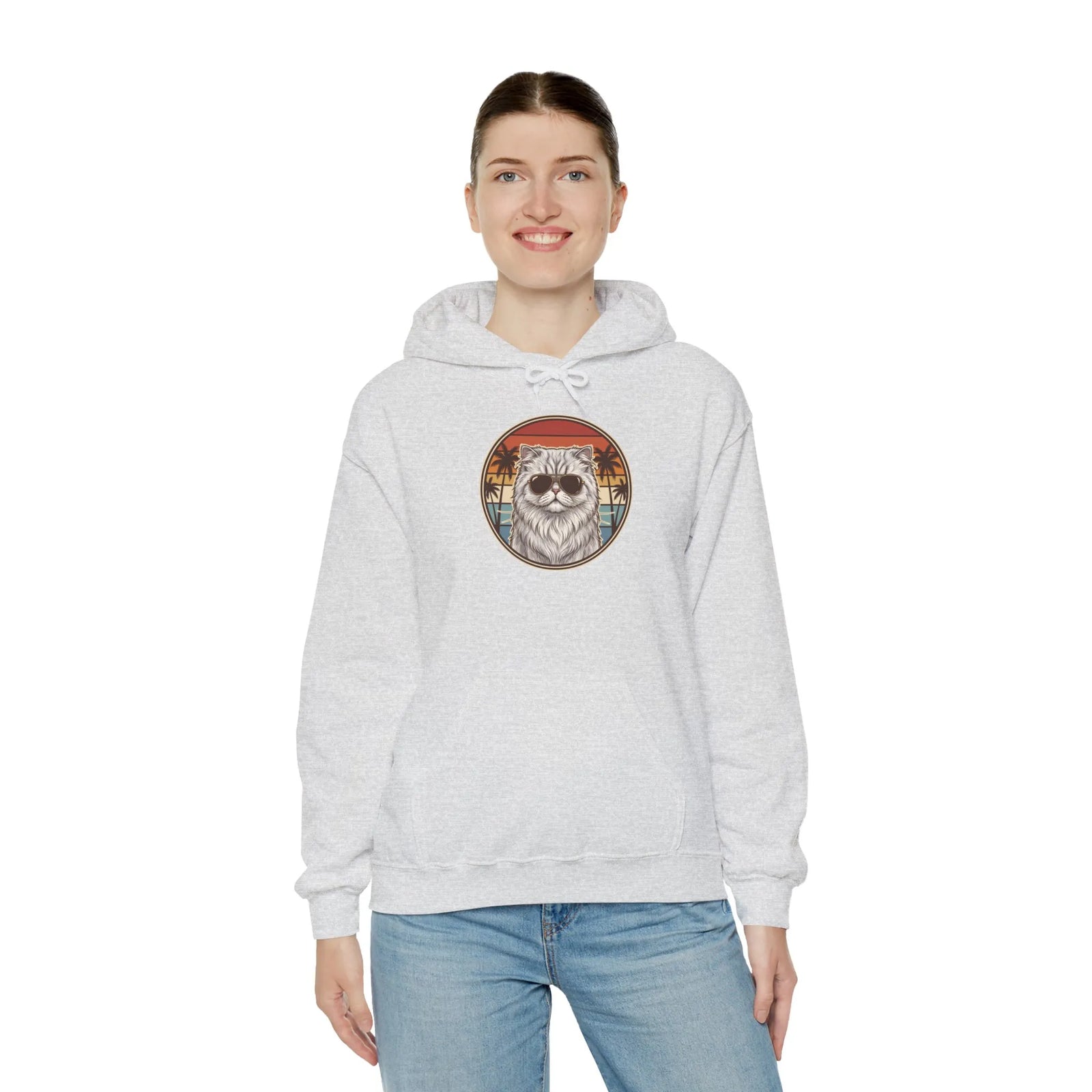 Persian Cat 70s Sunset Aviators Hoodie - Soft Cotton-Poly Blend Pullover - Unisex White