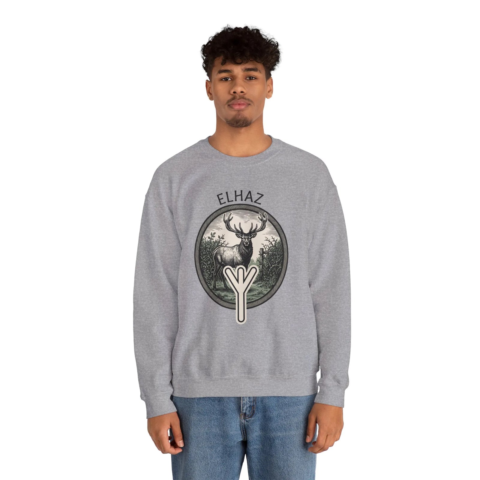Elhaz Rune Protection Stag Sweatshirt - Medium-Heavy Cotton-Poly Crewneck - Unisex White
