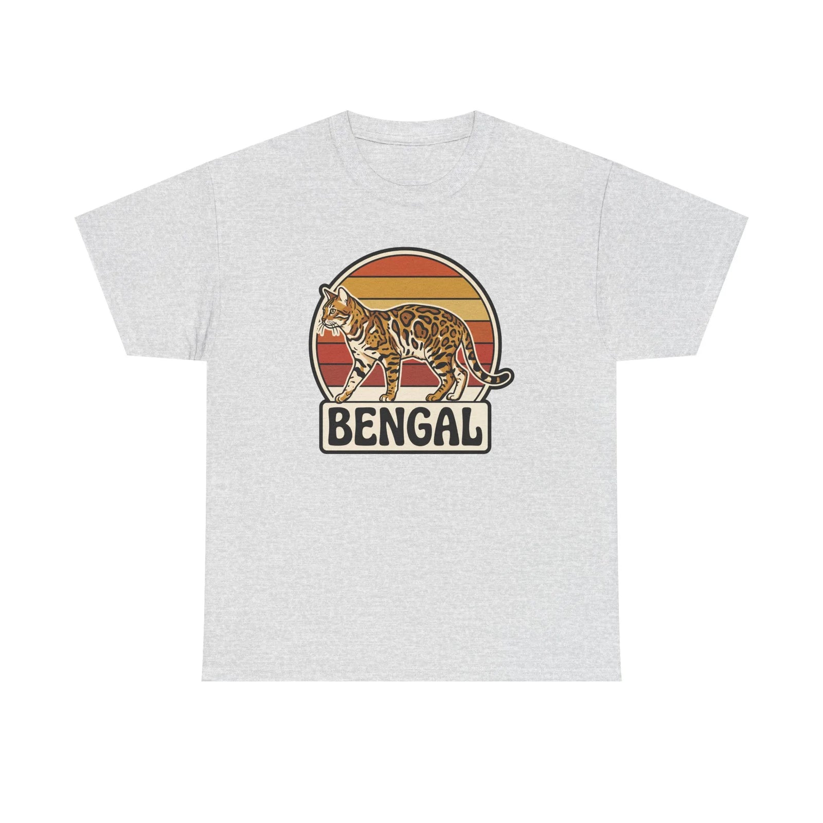 Bengal Cat Retro Sunset T-Shirt - Heavy Cotton Classic Fit Tee - Unisex White