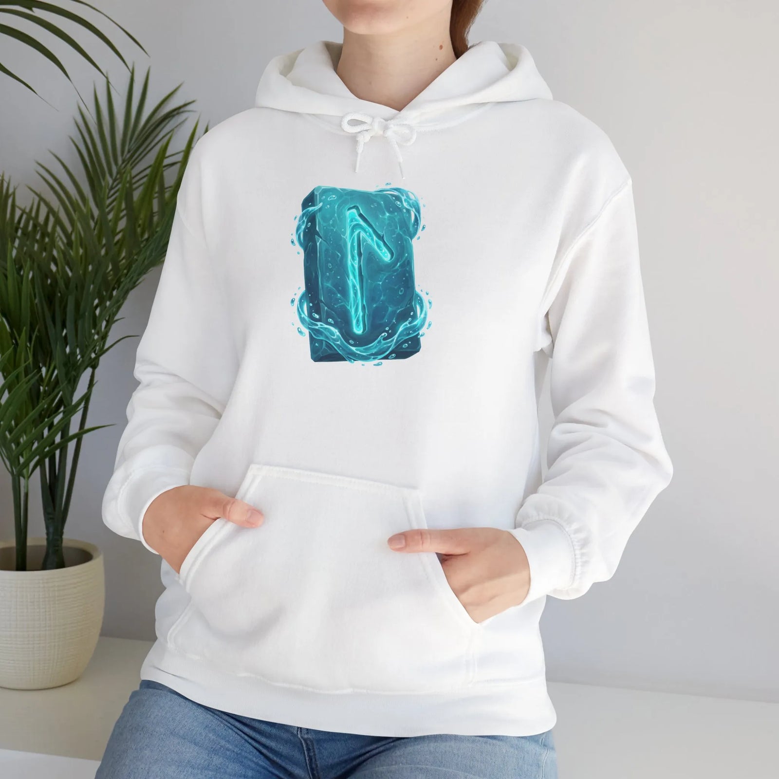 Laguz Water Rune Graphic Hoodie - Soft Fleece Blend Pullover - Unisex White