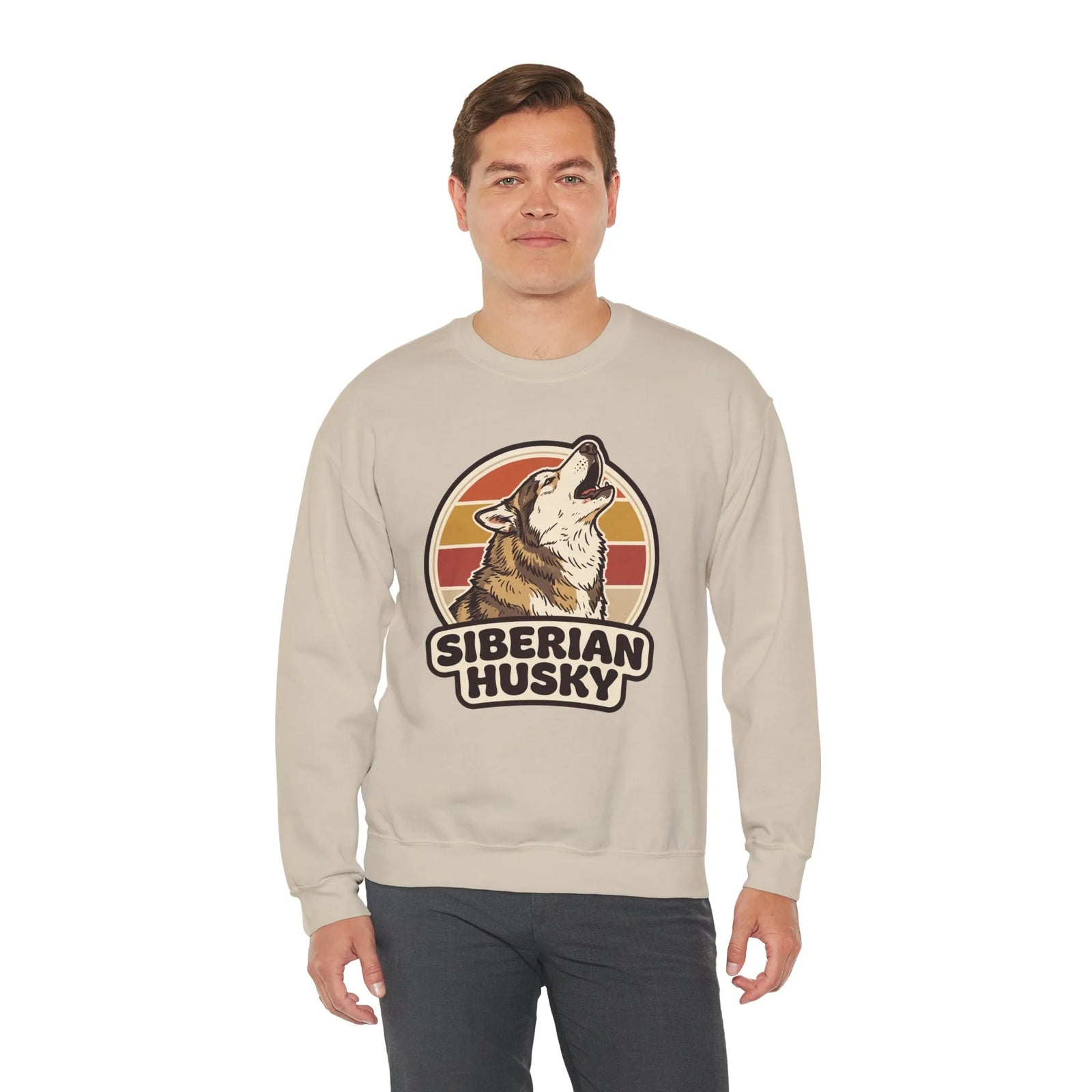 Siberian Husky Retro Sunset Sweatshirt - Heavy Blend Fleece Crewneck - Unisex White