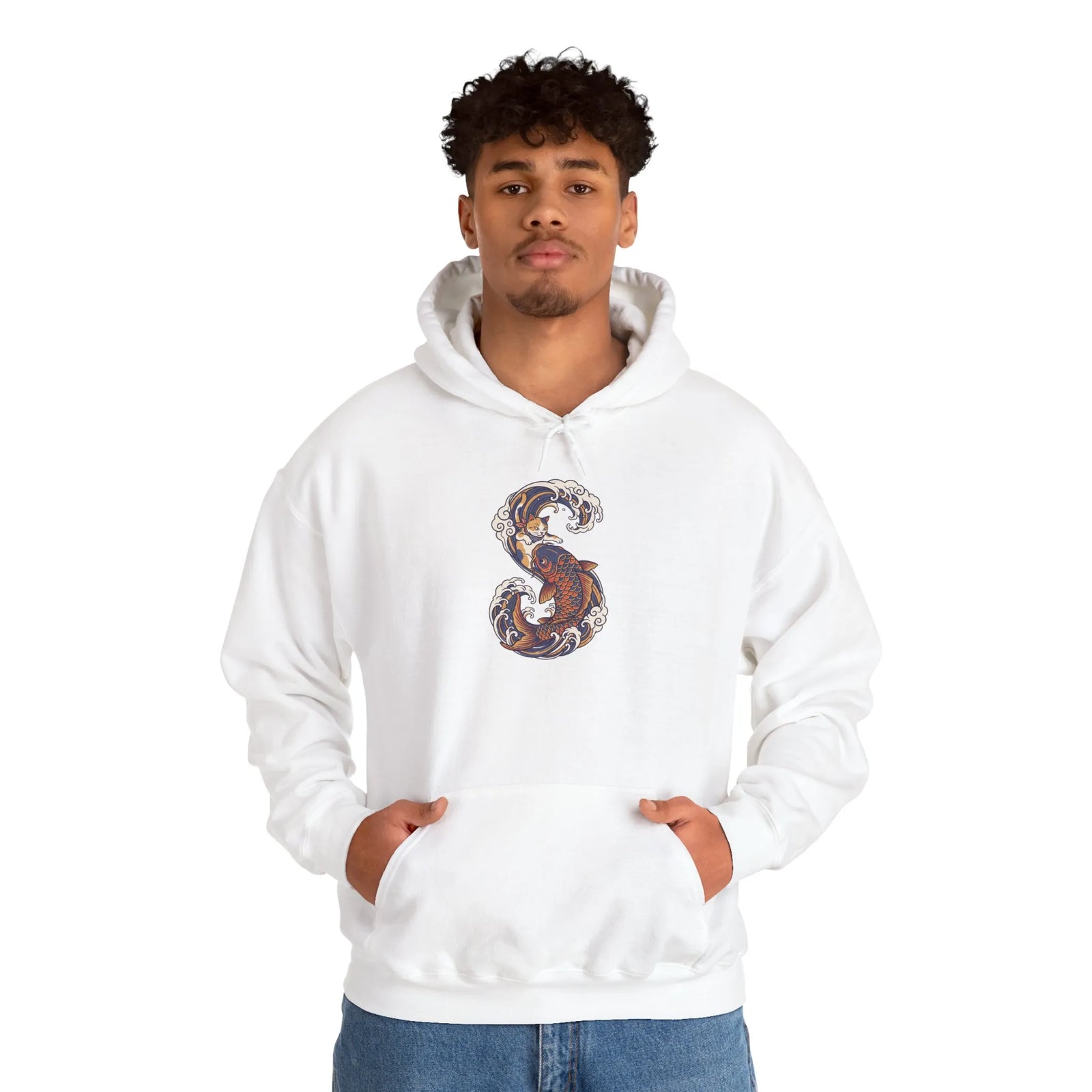 Ukiyo-e Samurai Cat Koi Rider Hoodie - Cozy Soft Blend Fleece Pullover - Unisex Off White