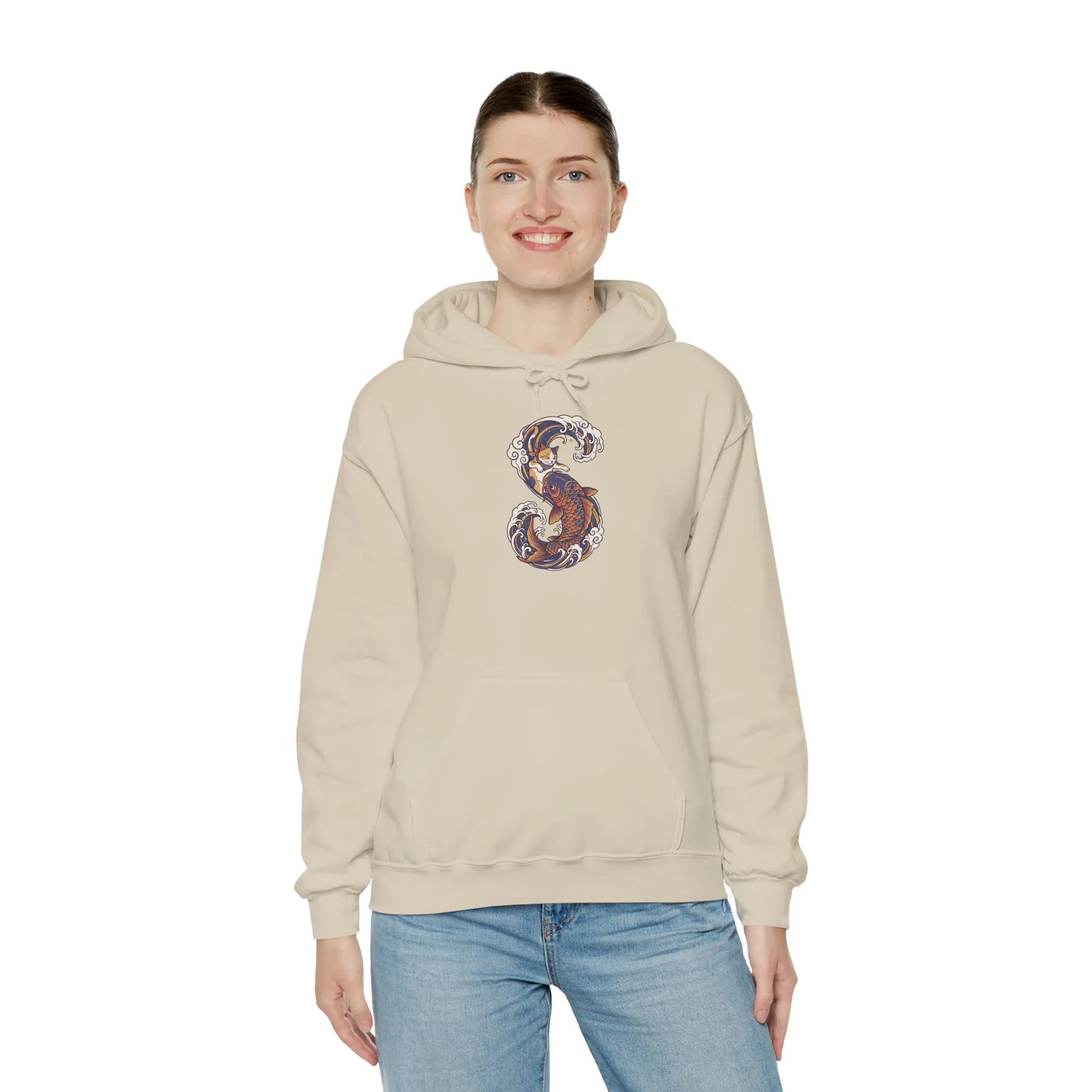 Ukiyo-e Samurai Cat Koi Rider Hoodie - Cozy Soft Blend Fleece Pullover - Unisex Off White