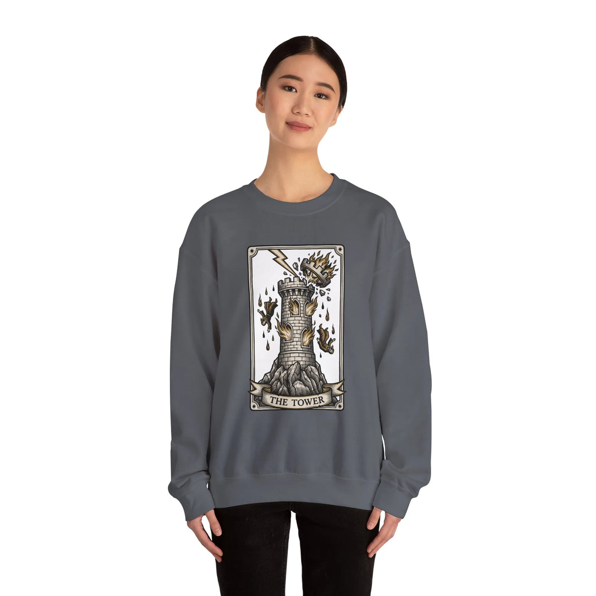 The Tower Tarot Card Sweatshirt - Heavy Blend Fleece Crewneck - Unisex White