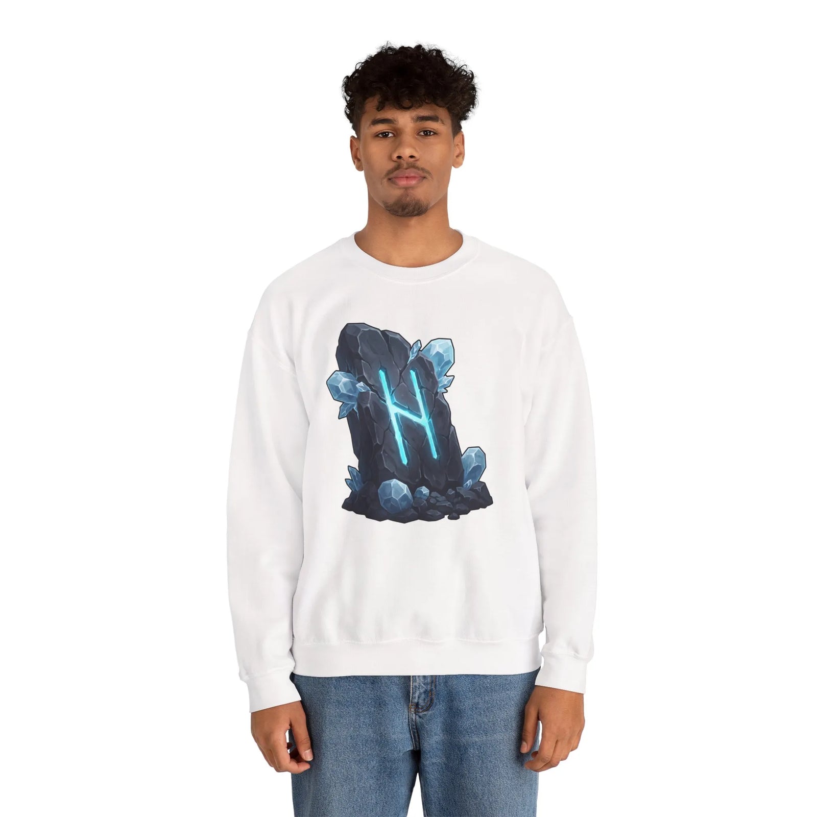 Hagalaz Rune Stone Graphic Sweatshirt - Heavy Blend Fleece Crewneck - Unisex White
