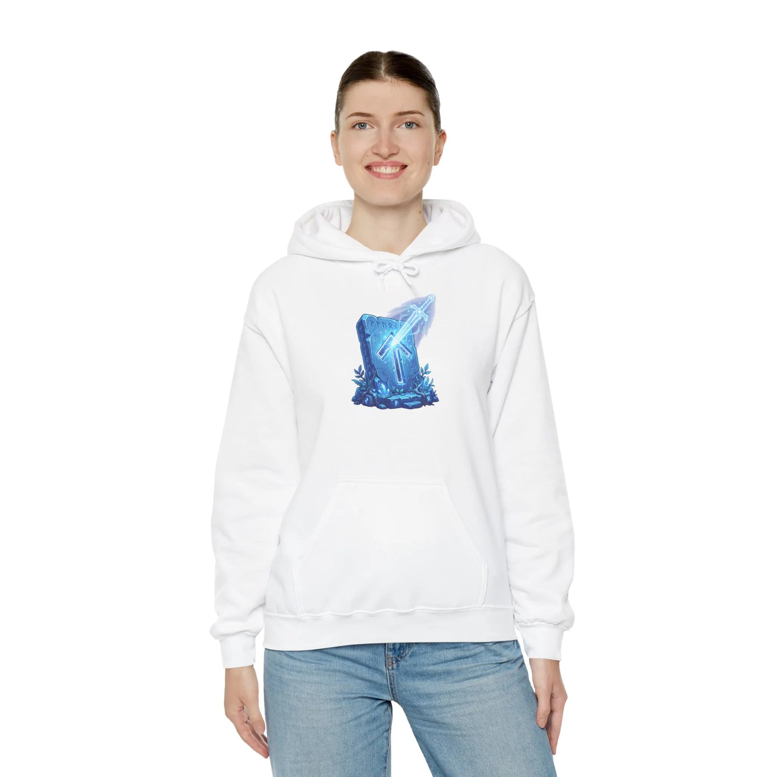 Tiwaz Tyr Sword Graphic Hoodie - Classic Fit Pouch Pocket Fleece - Unisex White