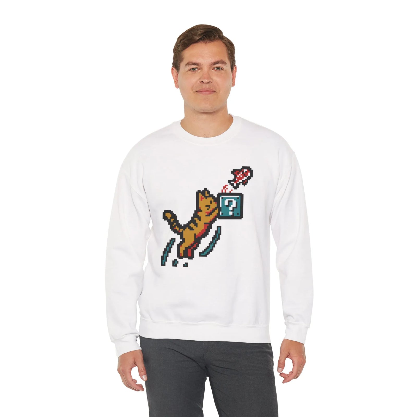 8-Bit Pixel Gaming Cats Sweatshirt - Heavy Blend Fleece Crewneck - Unisex White