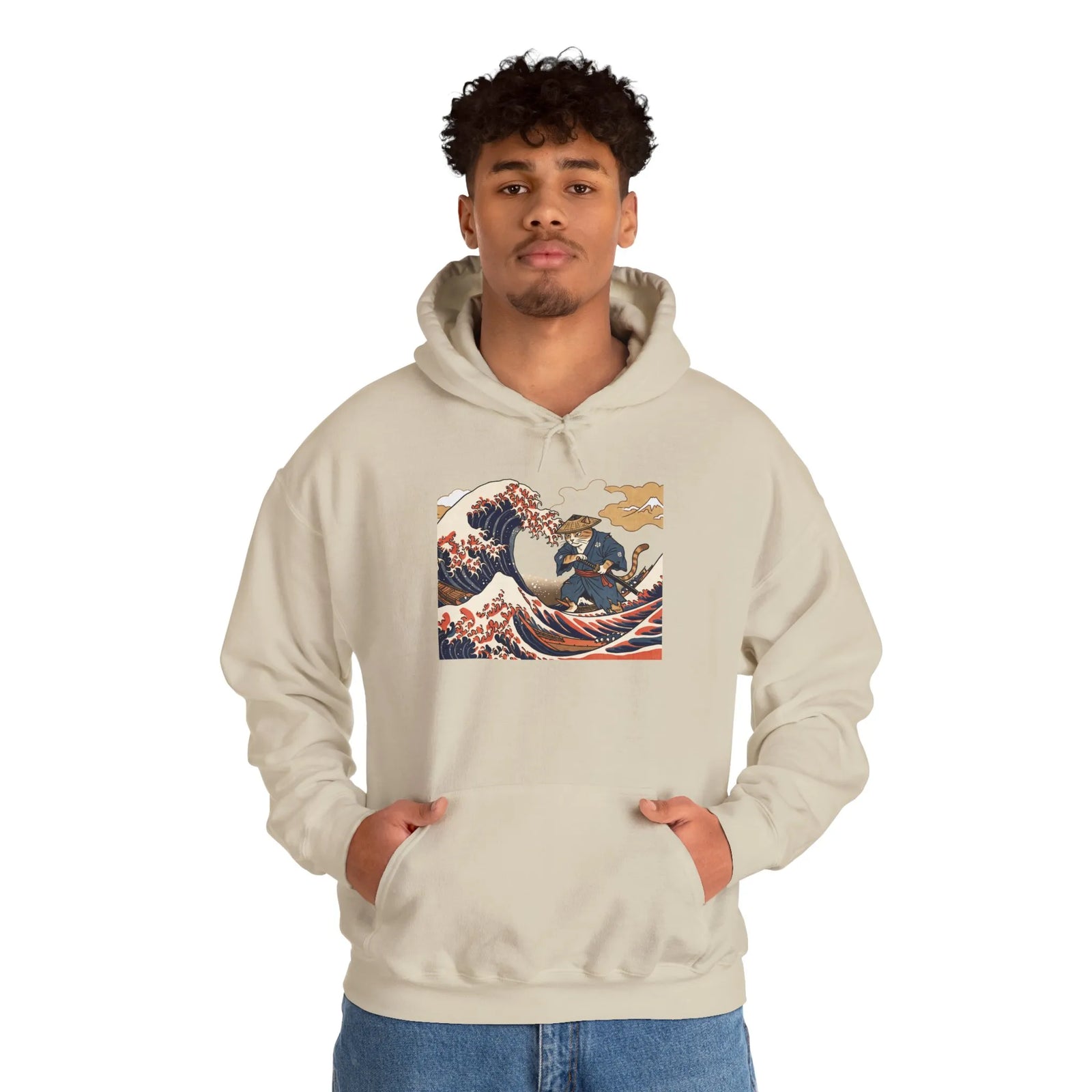 Ronin Wave Samurai Cat Ukiyo-e Hoodie - Heavy Blend Fleece Pullover - Unisex White