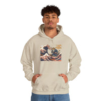 Ronin Wave Samurai Cat Ukiyo-e Hoodie - Heavy Blend Fleece Pullover - Unisex White