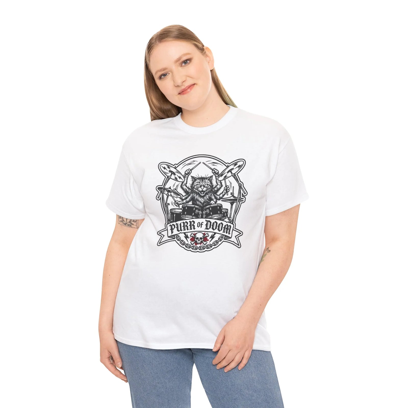 Heavy Metal Rocker Cat Drummer T-Shirt - Heavy Cotton Classic Fit Tee - Unisex White