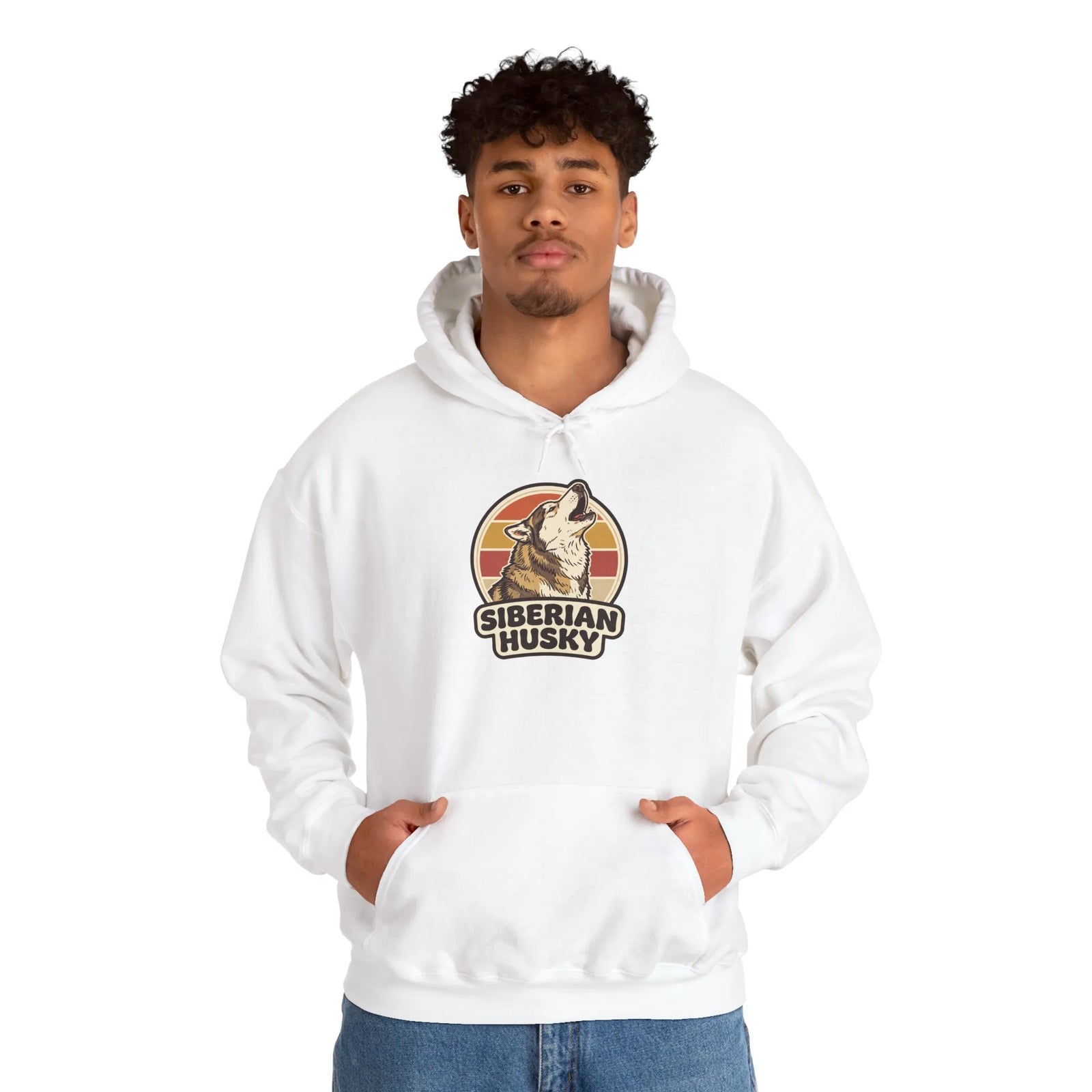Siberian Husky Retro 70s Sunset Hoodie - Medium-Heavy Fleece Pullover - Unisex Ash