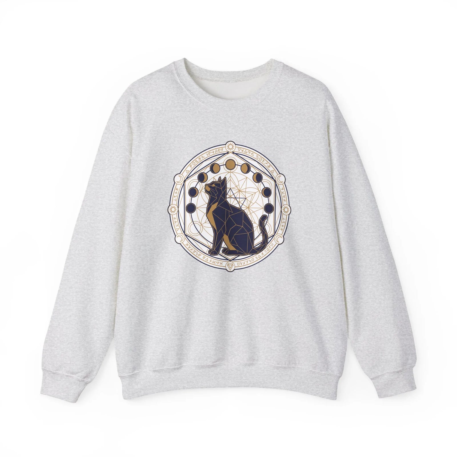 Moon Phases Sacred Geometry Cat Sweatshirt - Heavy Blend Cotton Polyester Crewneck - Unisex White