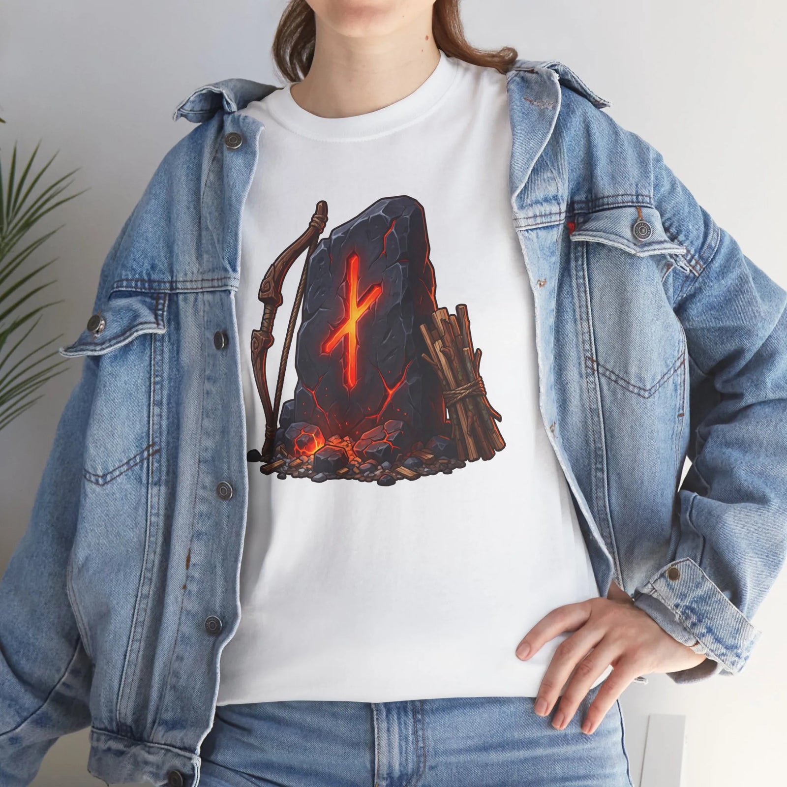 Nauthiz Rune Need-Fire Graphic T-Shirt - Heavyweight 100% Cotton Classic Fit - Unisex White