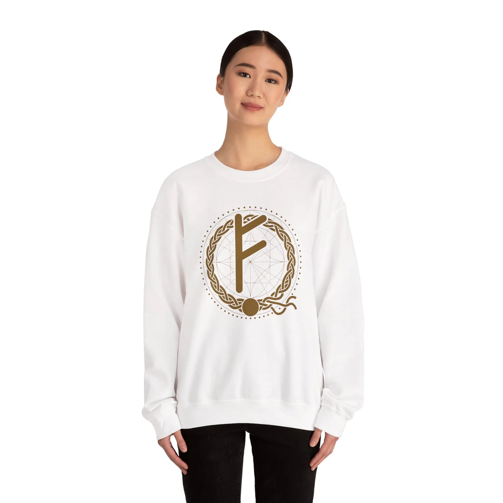 Fehu Rune Wealth Symbol Sweatshirt - Heavy Blend Fleece Crewneck - Unisex White