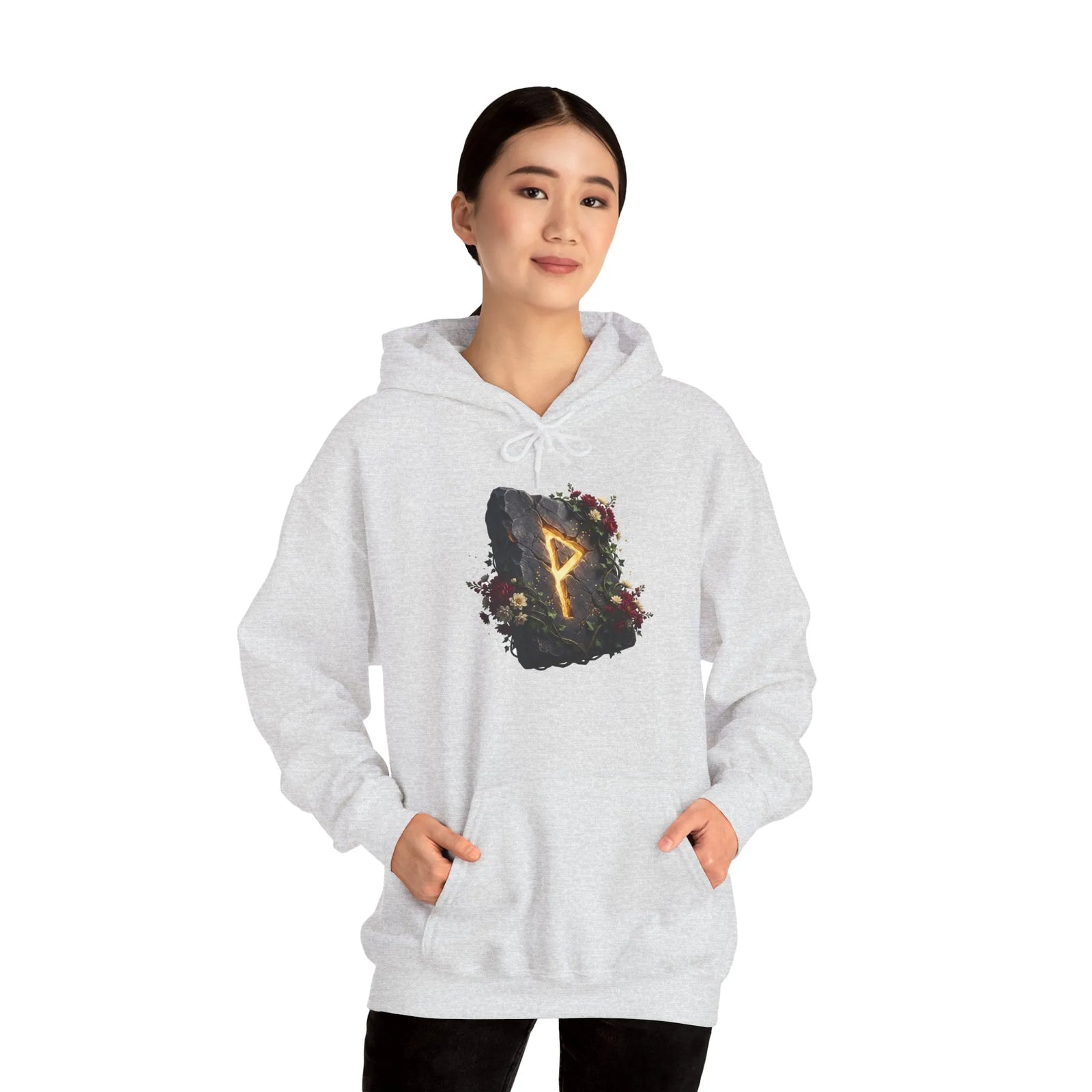 Wunjo Rune Floral Rock Graphic Hoodie - Warm Fleece Pullover Sweatshirt - Unisex White