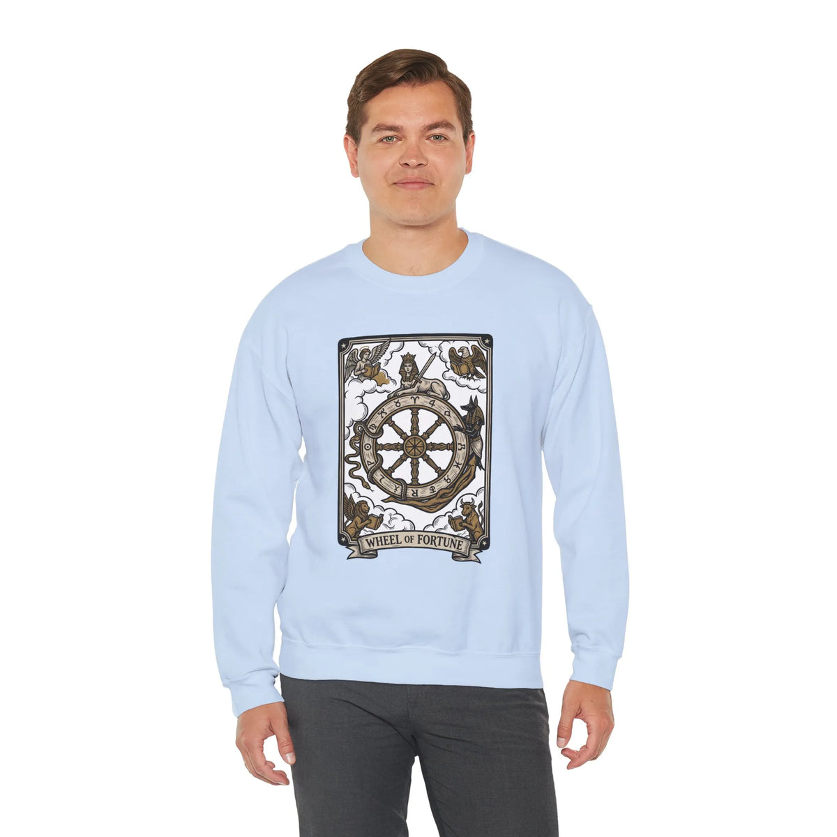 Wheel of Fortune Tarot Card Sweatshirt - Heavy Blend Crewneck Fleece - Unisex White