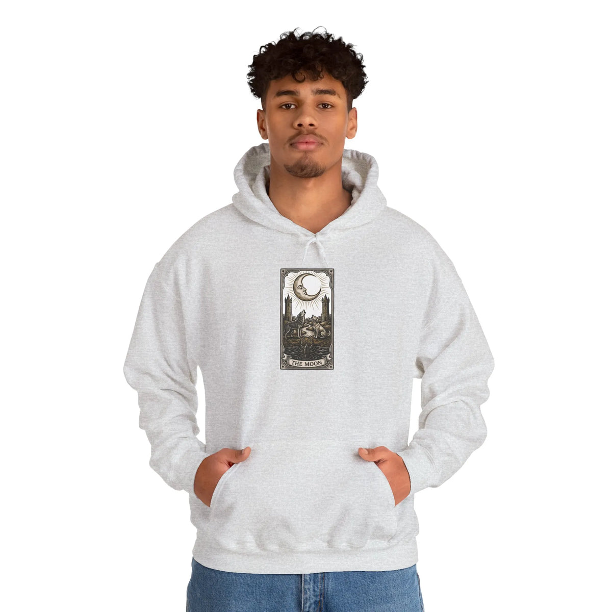 Moon Tarot Card Graphic Hoodie - Soft Fleece Blend Pullover - Unisex Ash