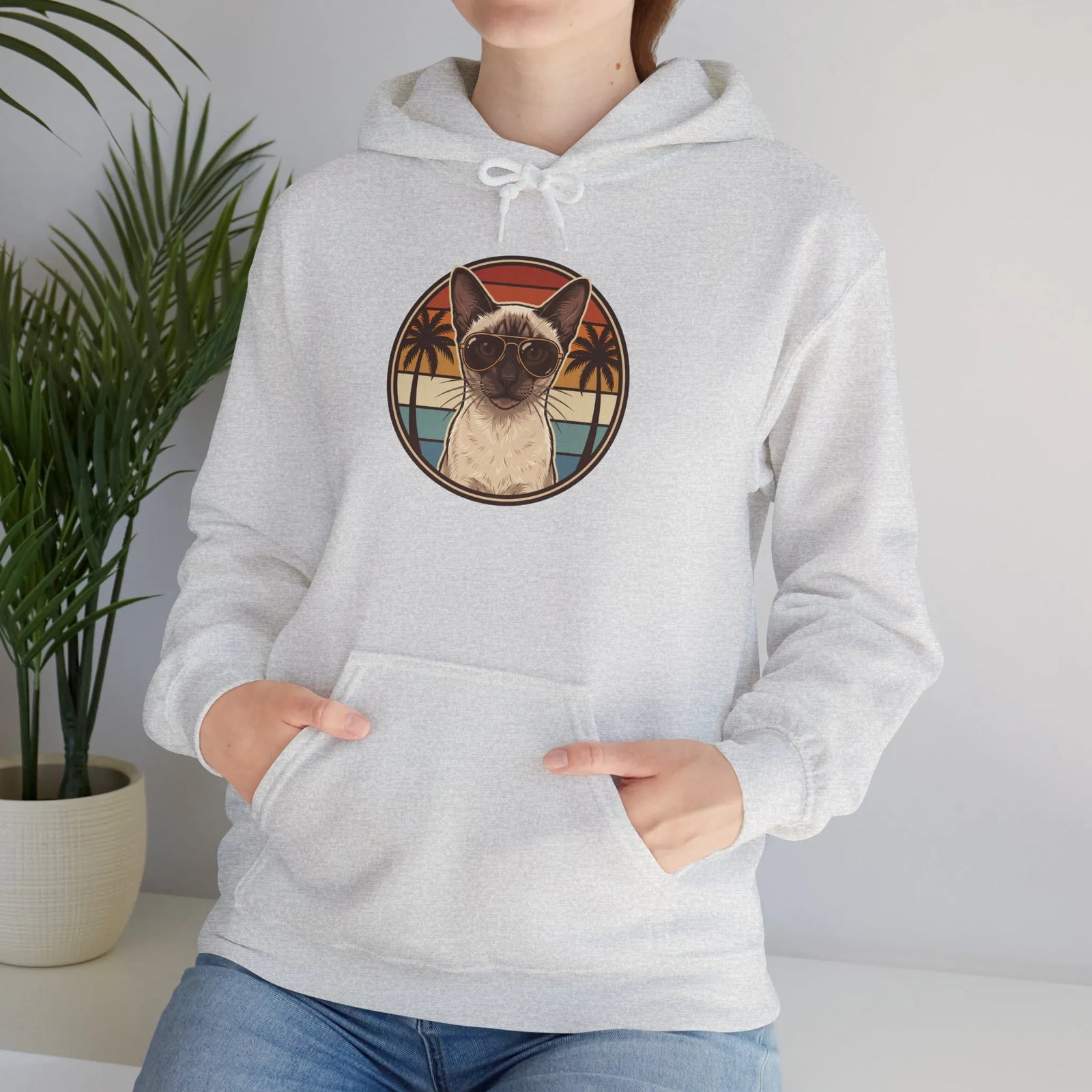 Siamese Cat Retro Sunset Aviator Hoodie - Heavy Blend Fleece Pullover - Unisex White