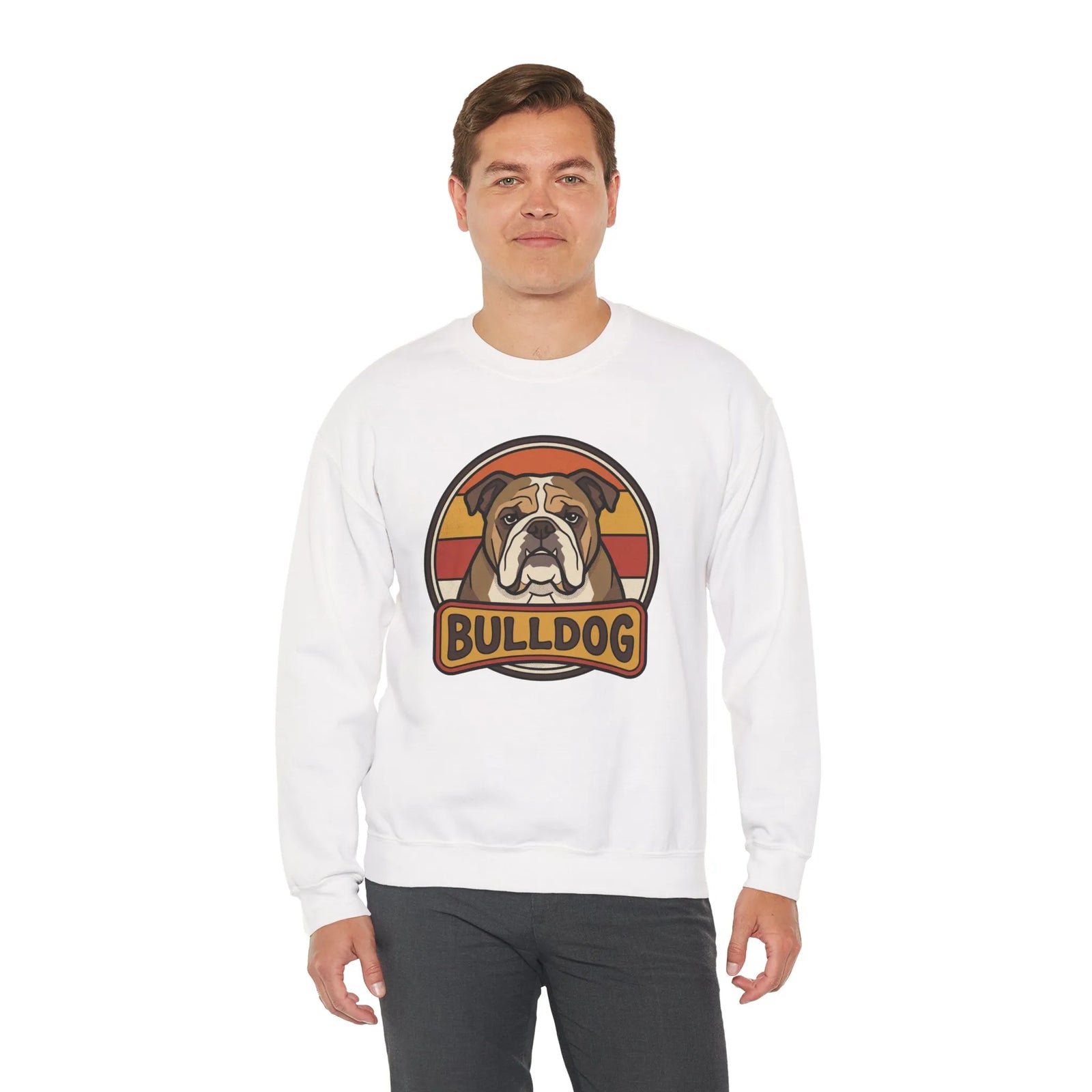 Retro 70s Sunset Bulldog Sweatshirt - Heavy Blend Cotton-Poly Crewneck - Unisex White