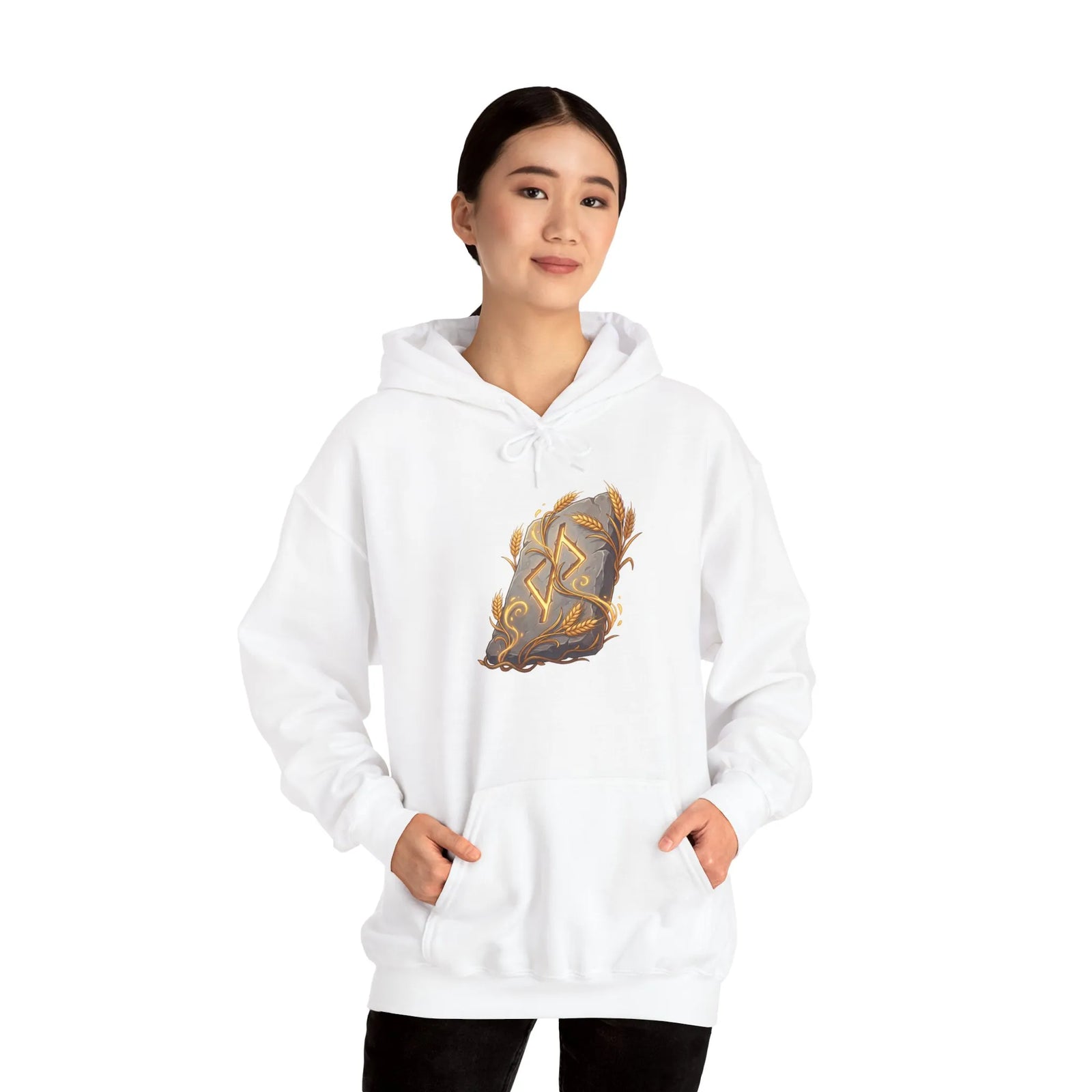 Jera Rune Harvest Wheel Hoodie - Soft Cotton Blend Pullover Hoodie - Unisex White
