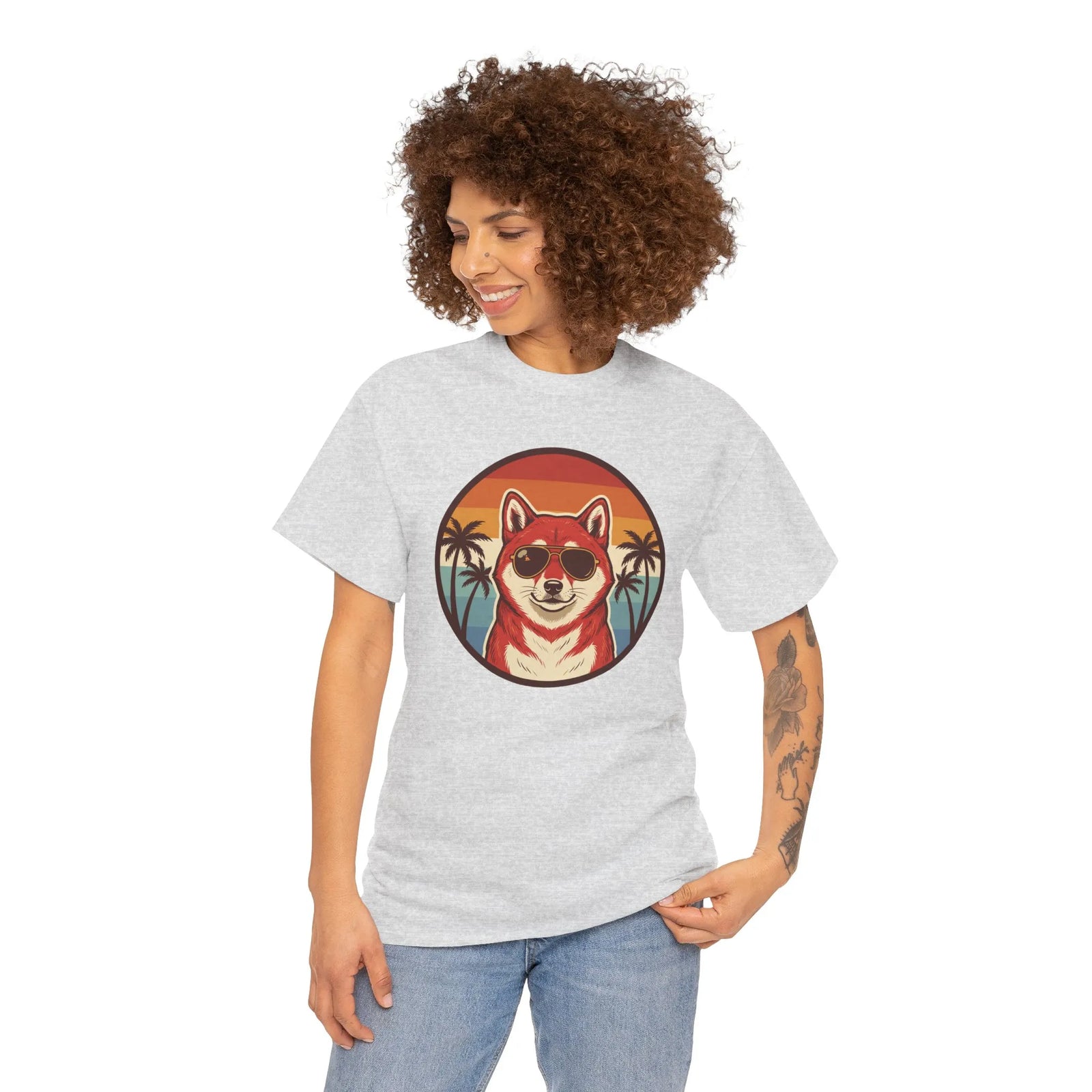 Shiba Inu Aviator Sunset T-Shirt - Heavy Cotton Classic Fit Tee - Unisex White