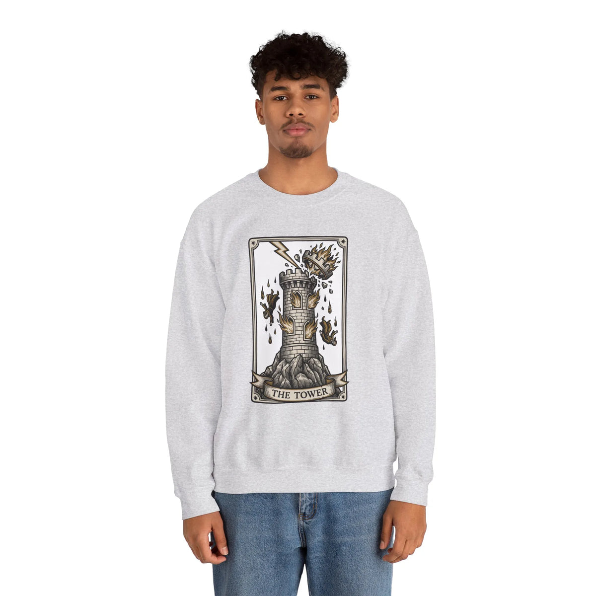 The Tower Tarot Card Sweatshirt - Heavy Blend Fleece Crewneck - Unisex White