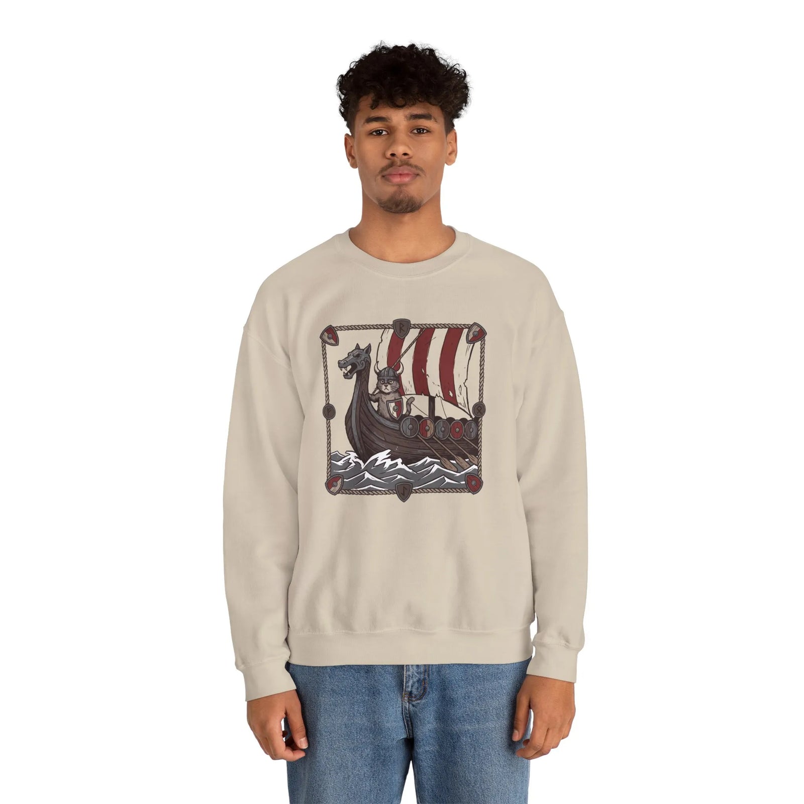 Longship Prow Viking Berserker Cats Sweatshirt - Heavyweight Cotton Blend Crewneck - Unisex White