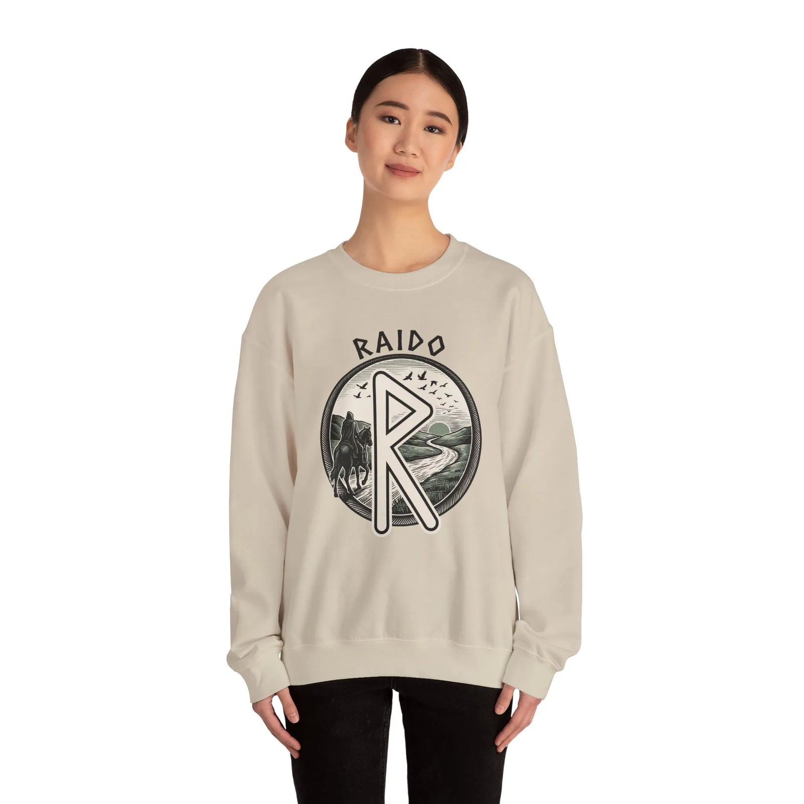 Raido Rune Journey Sweatshirt - Heavy Blend Classic Fit Crewneck - Unisex White