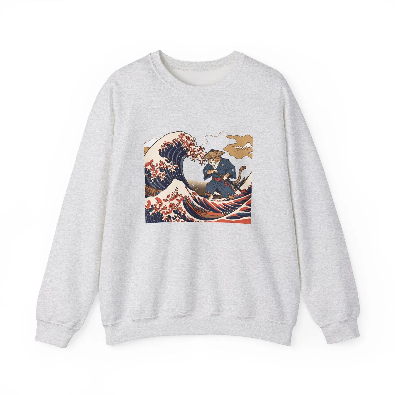Ukiyo-e Samurai Cat Great Wave Sweatshirt - Heavy Blend Cotton Blend Crewneck - Unisex White