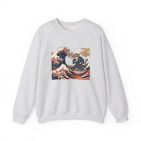 Ukiyo-e Samurai Cat Great Wave Sweatshirt - Heavy Blend Cotton Blend Crewneck - Unisex White