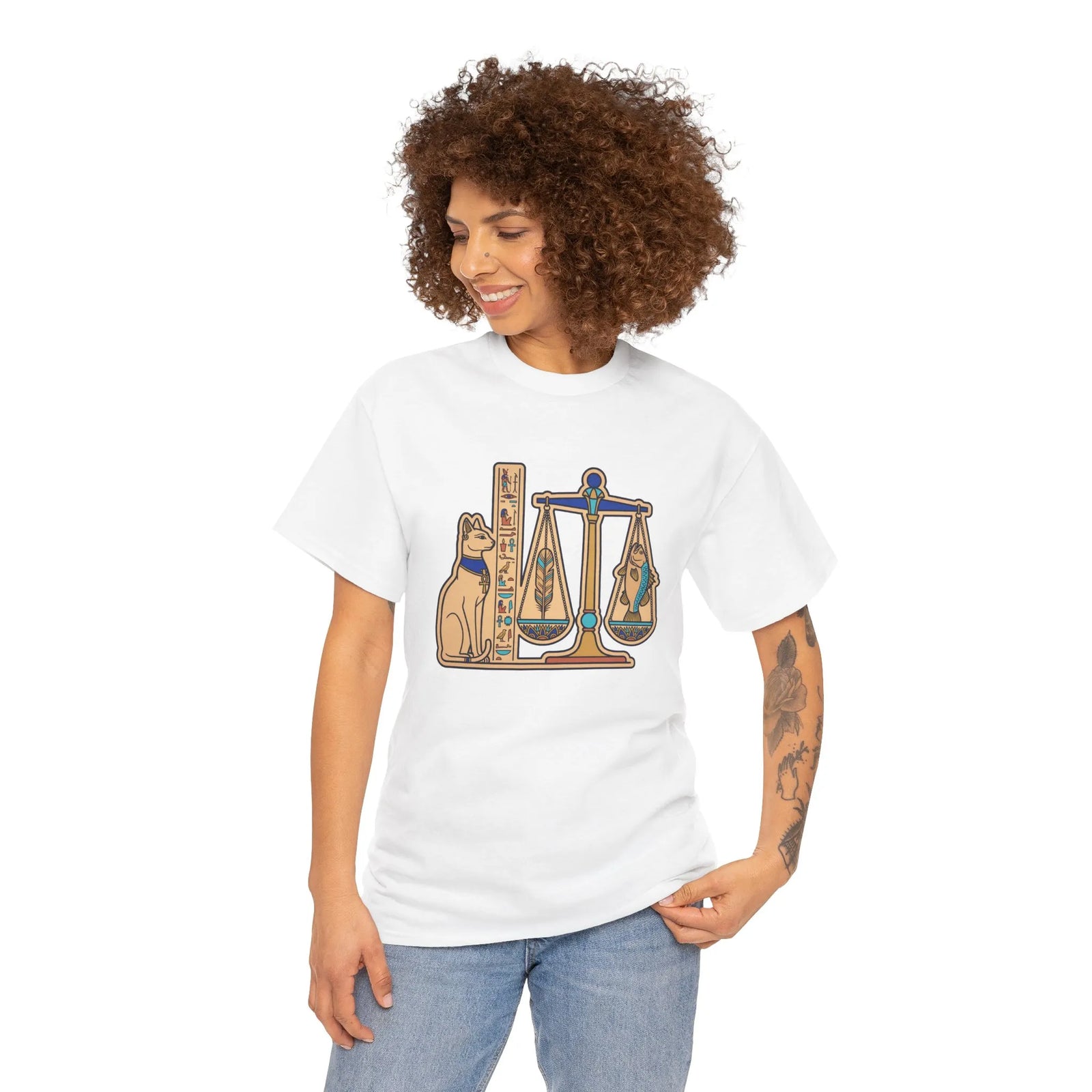 Egyptian Scales Pharaoh Cat Graphic T-Shirt - Heavy Cotton Classic Fit Tee - Unisex White