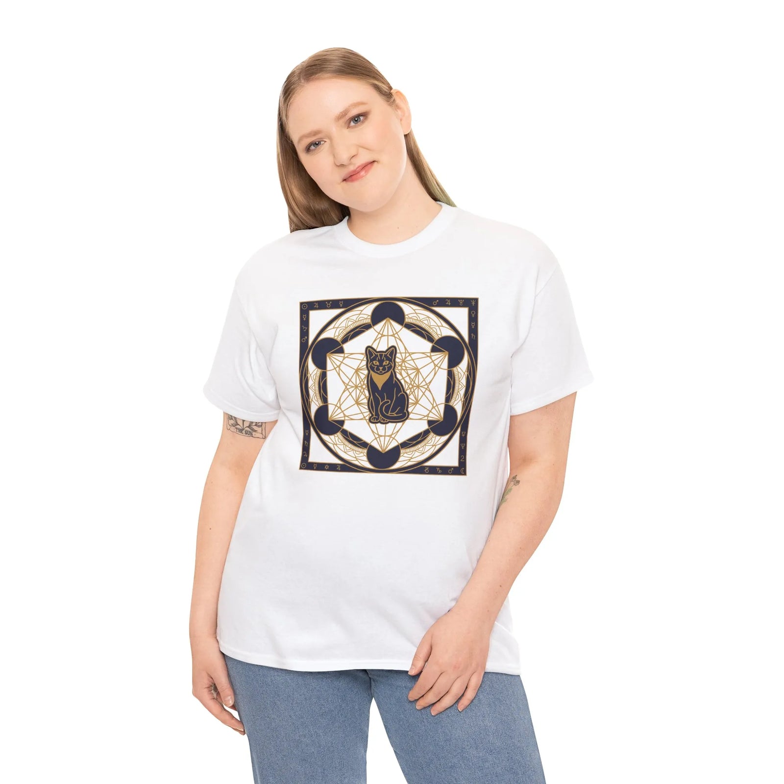 Metatron's Cat Sacred Geometry T-Shirt - Heavyweight Cotton Classic Fit Tee - Unisex White