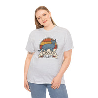 Russian Blue Retro 70s Sunset T-Shirt - Heavy Cotton Classic Fit Tee - Unisex White
