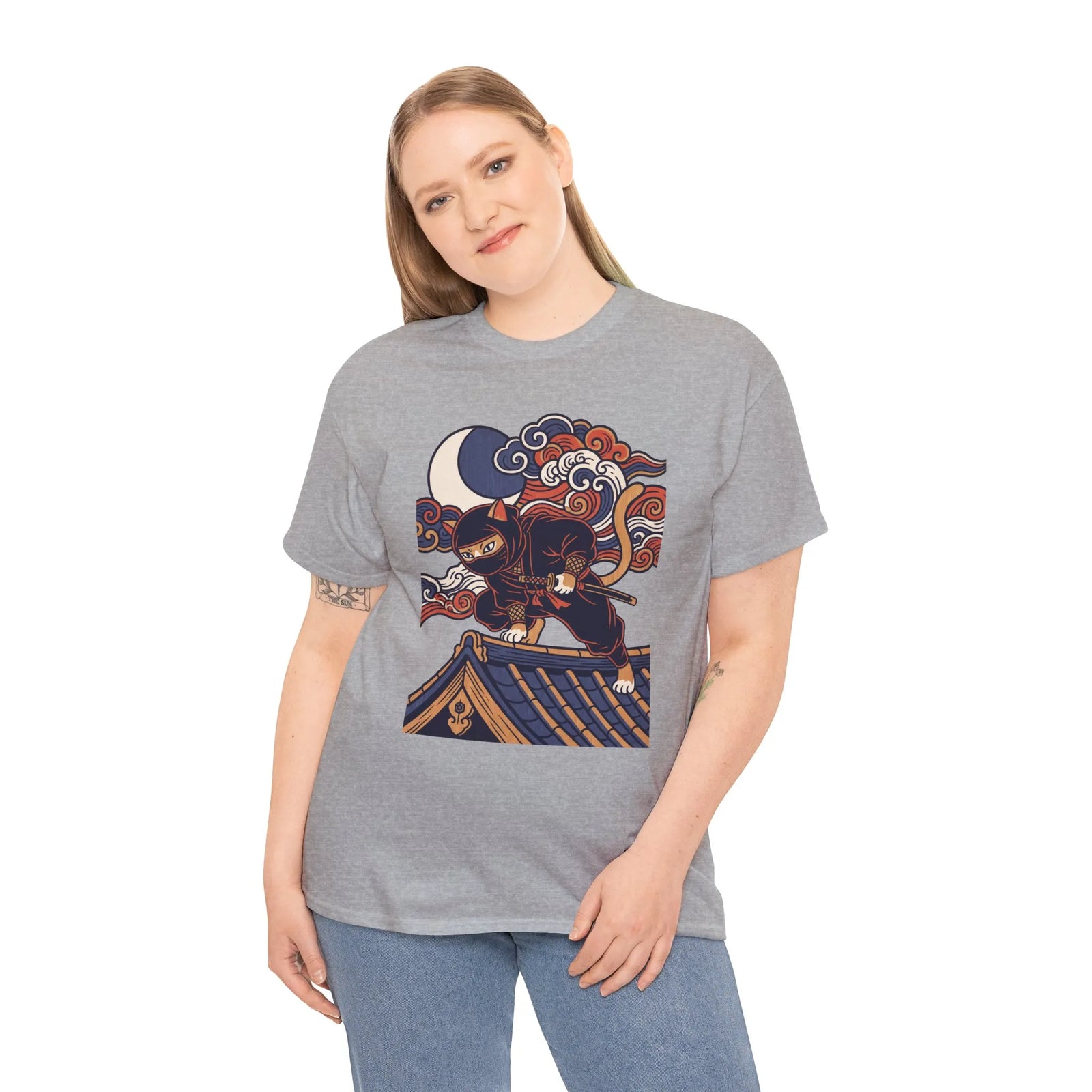 Ukiyo-e Samurai Cat Ninja T-Shirt - 100% Cotton Classic Fit Tee - Unisex White