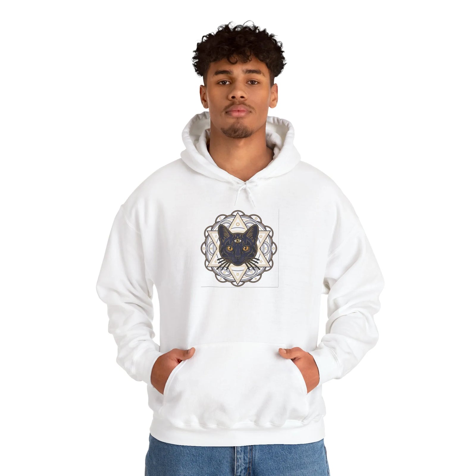 Third Eye Sacred Geometry Alchemist Cat Hoodie - Heavy Blend Fleece Pullover - Unisex White