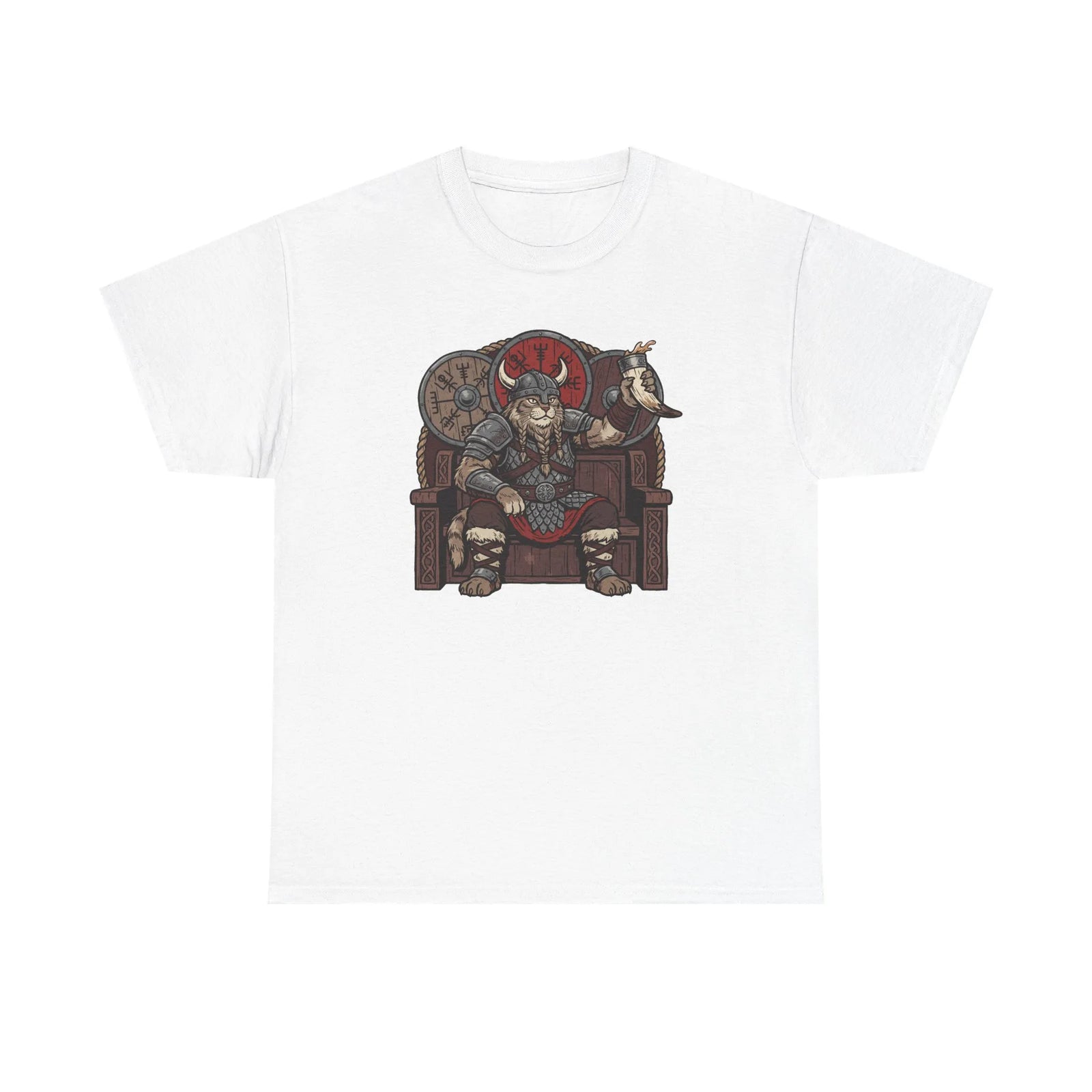Viking Berserker Cat Graphic T-Shirt - Heavyweight 100% Cotton Classic Tee - Unisex White