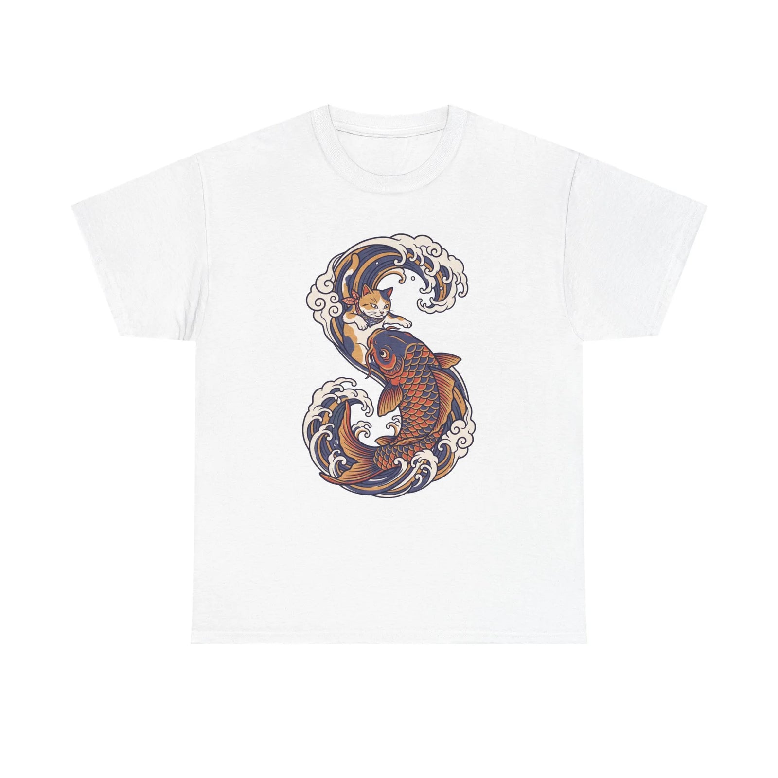 Koi Rider Ukiyo-e Samurai Cat T-Shirt - Heavy Cotton Classic Fit Tee - Unisex White