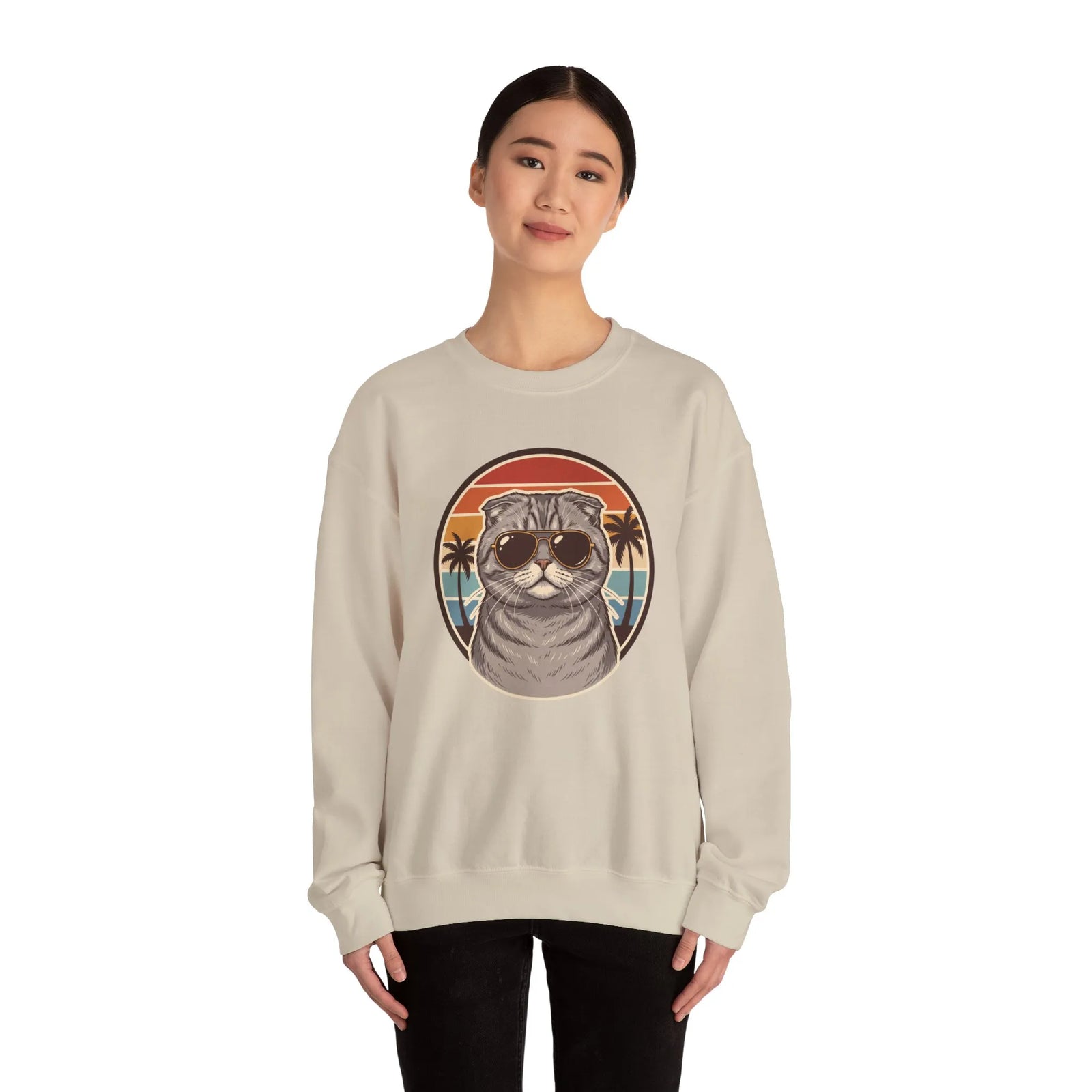 Scottish Fold Cat 70s Sunset Sweatshirt - Heavy Blend Fleece Crewneck - Unisex Ash