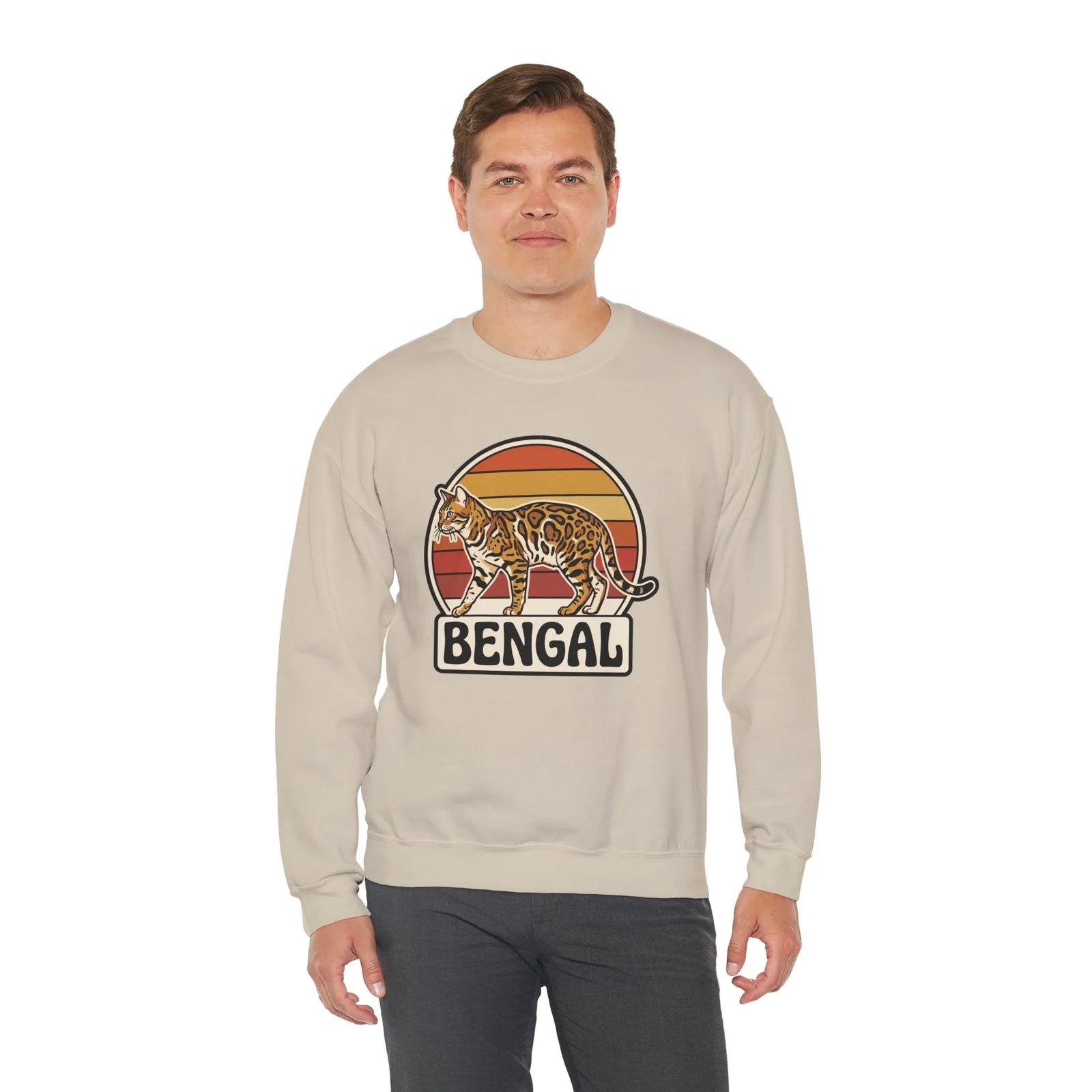Bengal Cat Retro Sunset Sweatshirt - Classic Fit Heavy Blend Crewneck - Unisex White