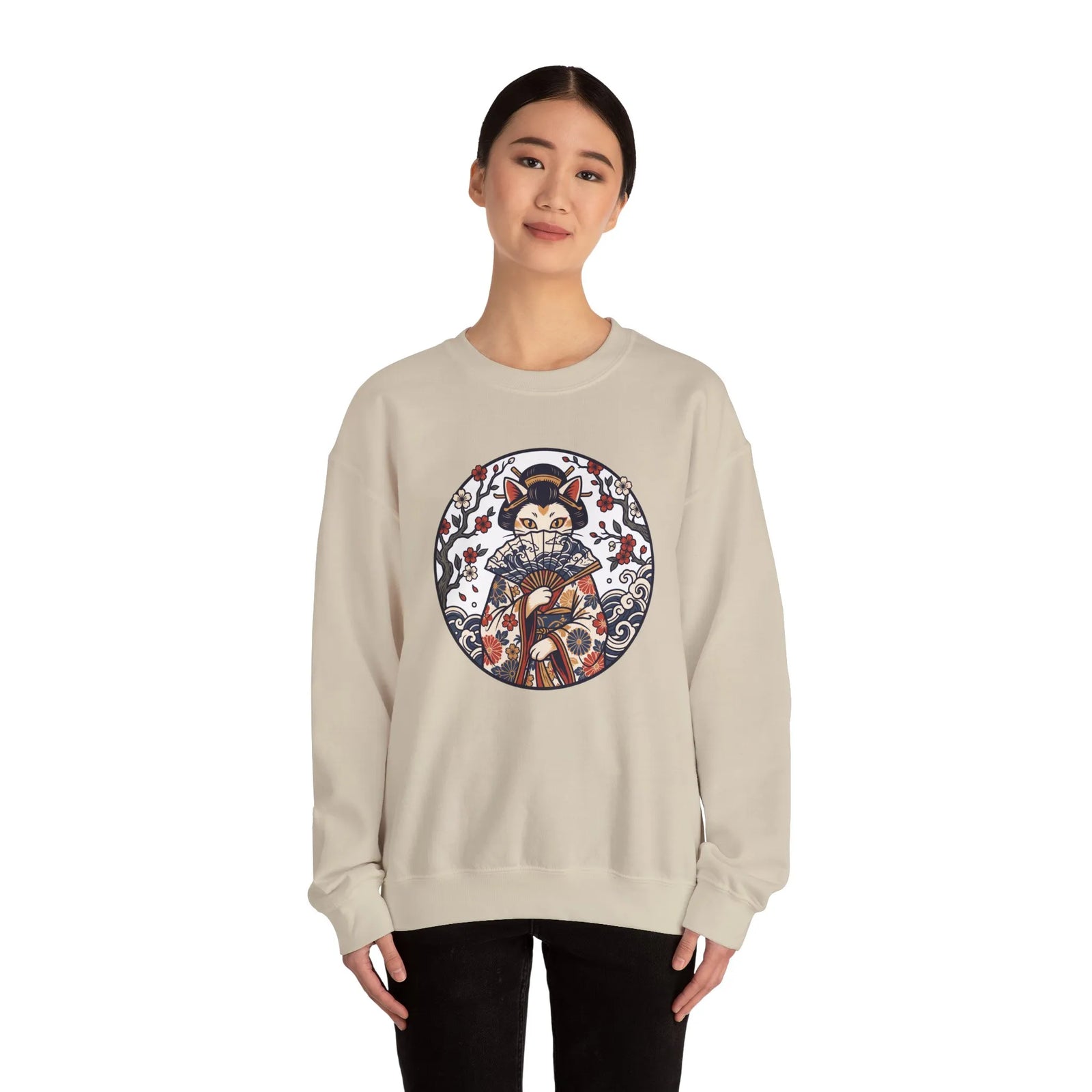 Ukiyo-e Samurai Cats Fan Dancer Sweatshirt - Heavy Blend Fleece Crewneck - Unisex White