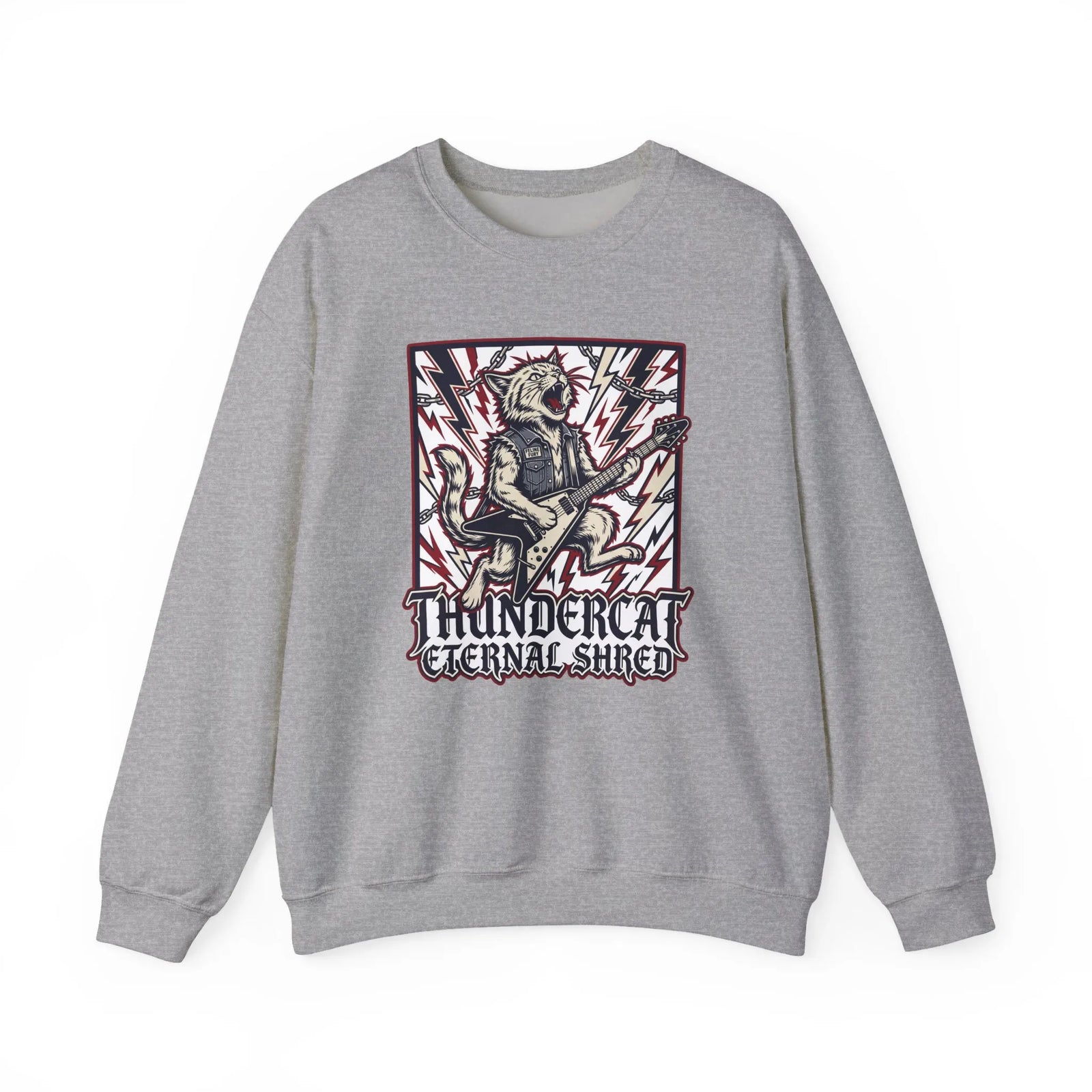 Heavy Metal Rocker Cat Sweatshirt - Heavy Blend Fleece Crewneck - Unisex White