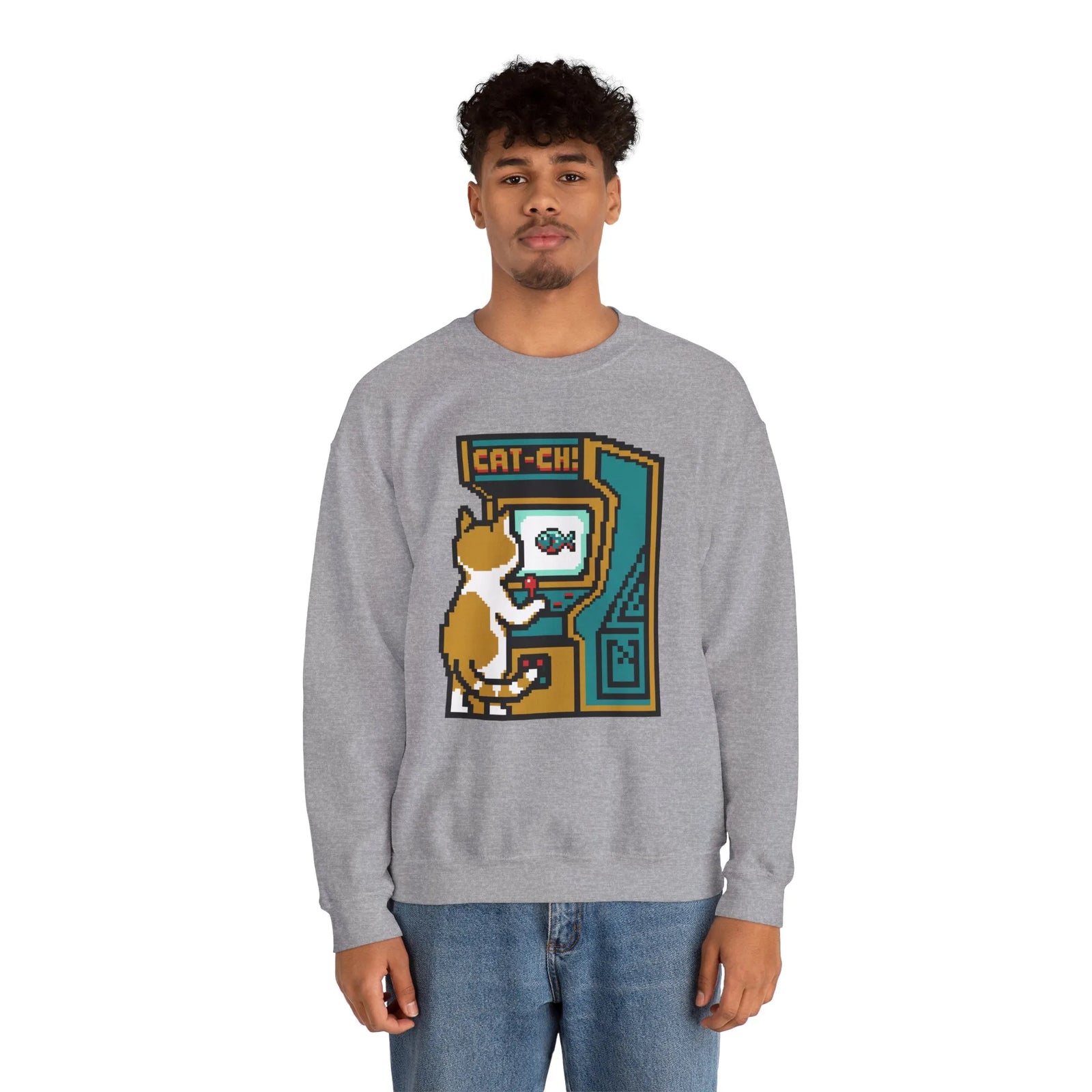 Arcade Night Pixel Gaming Cats Sweatshirt - Heavy Blend Fleece Crewneck - Unisex White