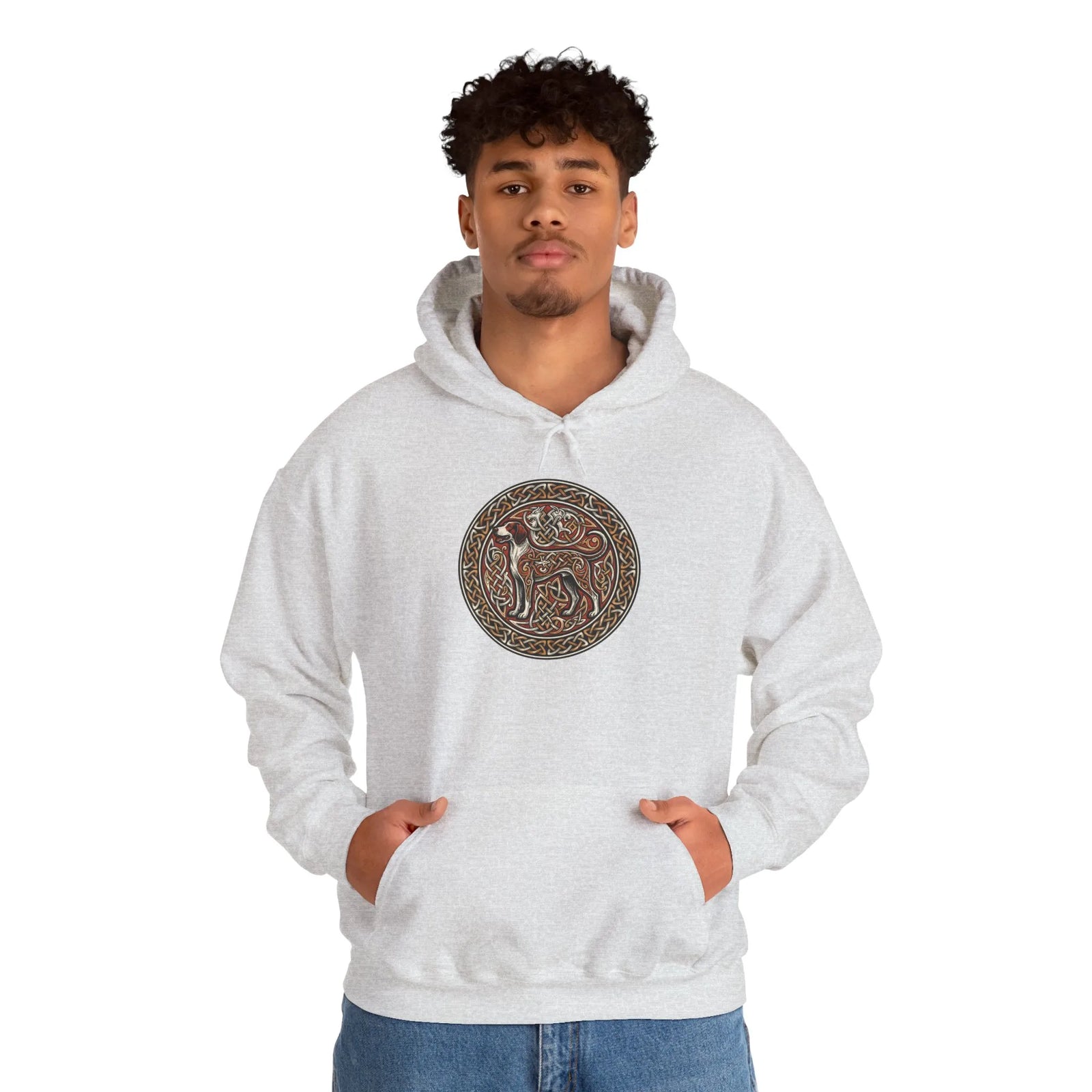 Norse Knotwork Hound Hoodie - Heavyweight Cotton Blend Pullover - Unisex White